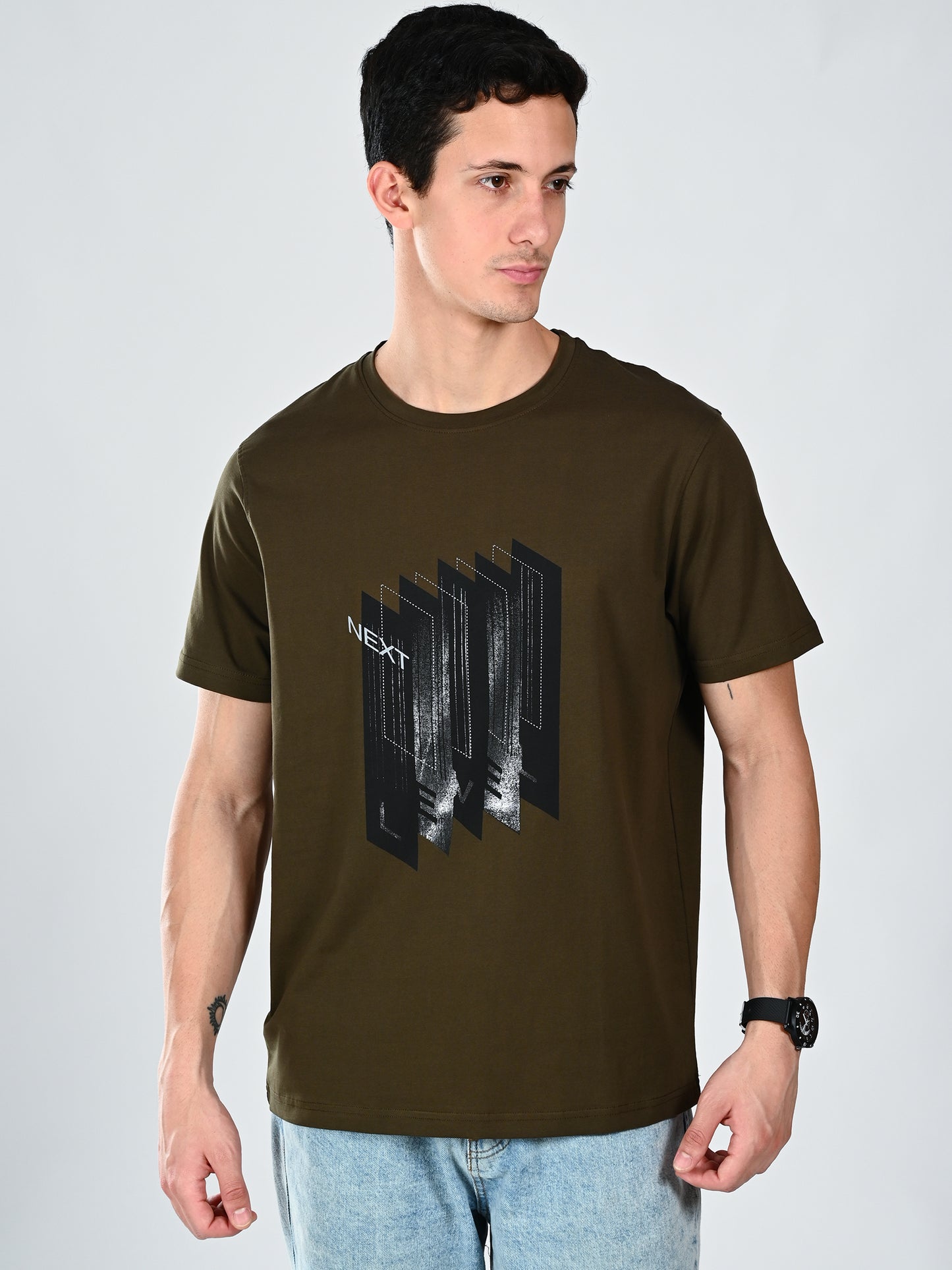 Albion Casual Cotton Round Olive Neck T-Shirt for Men