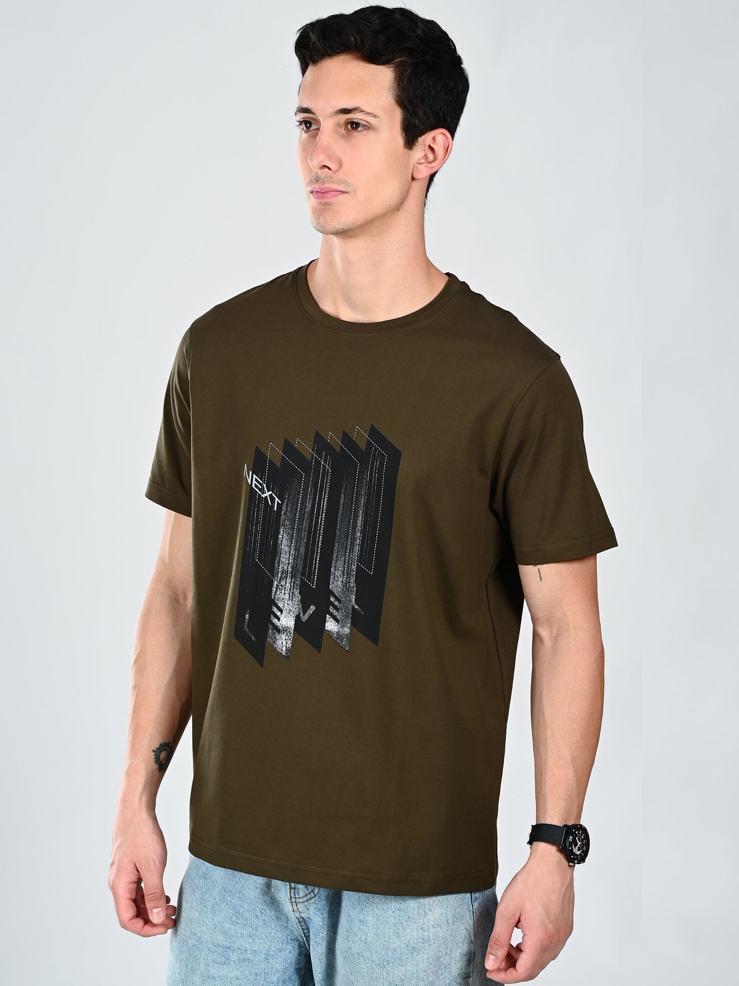 Albion Casual Cotton Round Olive Neck T-Shirt for Men