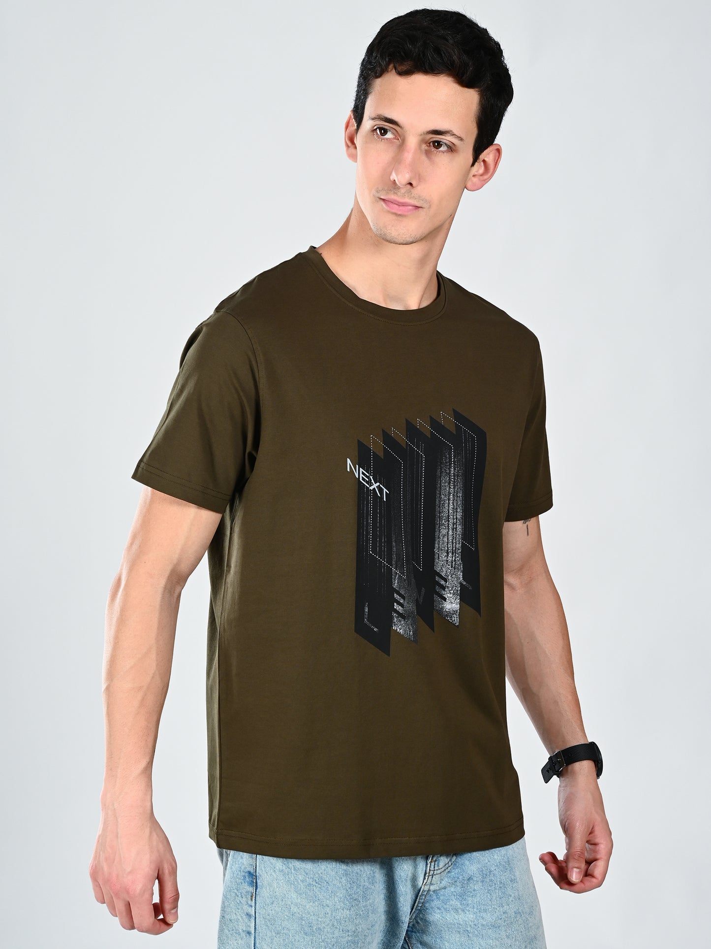 Albion Casual Cotton Round Olive Neck T-Shirt for Men
