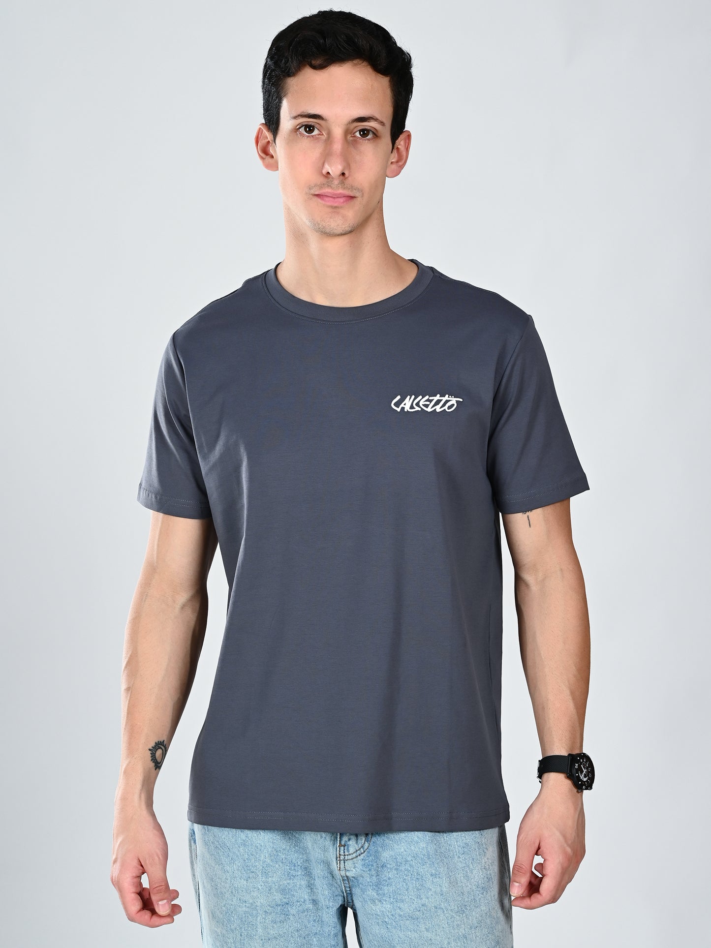 Albion Casual Cotton Grey Round Neck T-Shirt for Men