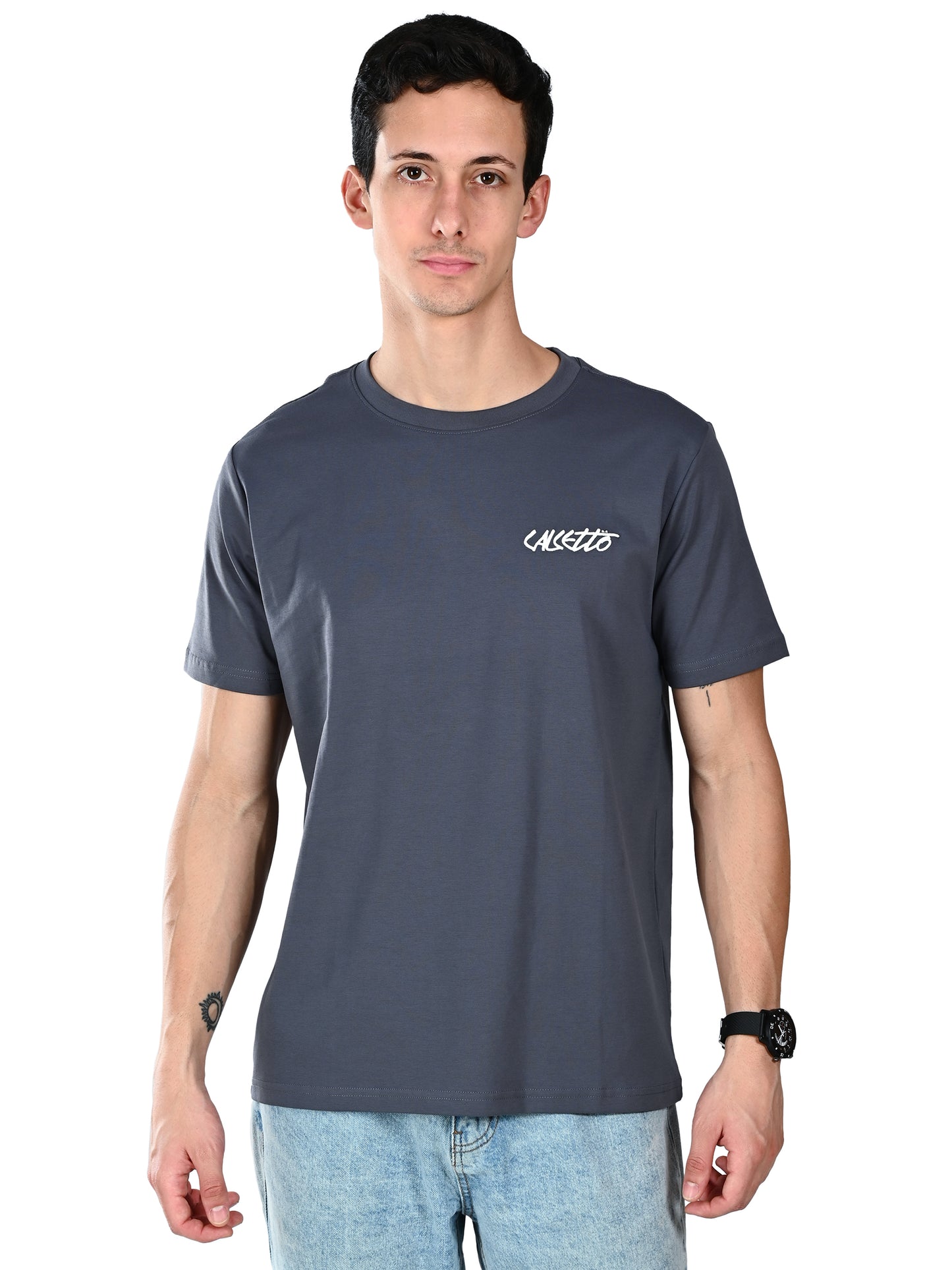 Albion Casual Cotton Grey Round Neck T-Shirt for Men