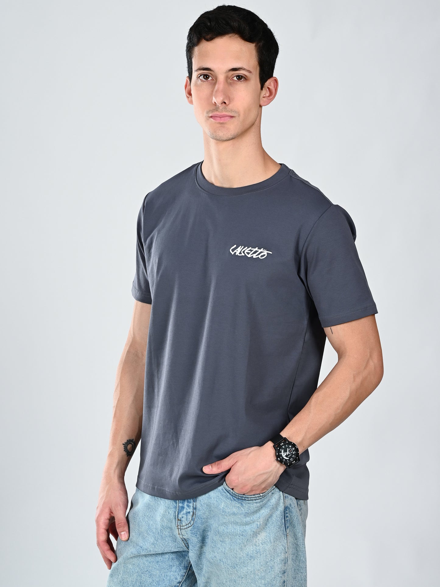 Albion Casual Cotton Grey Round Neck T-Shirt for Men