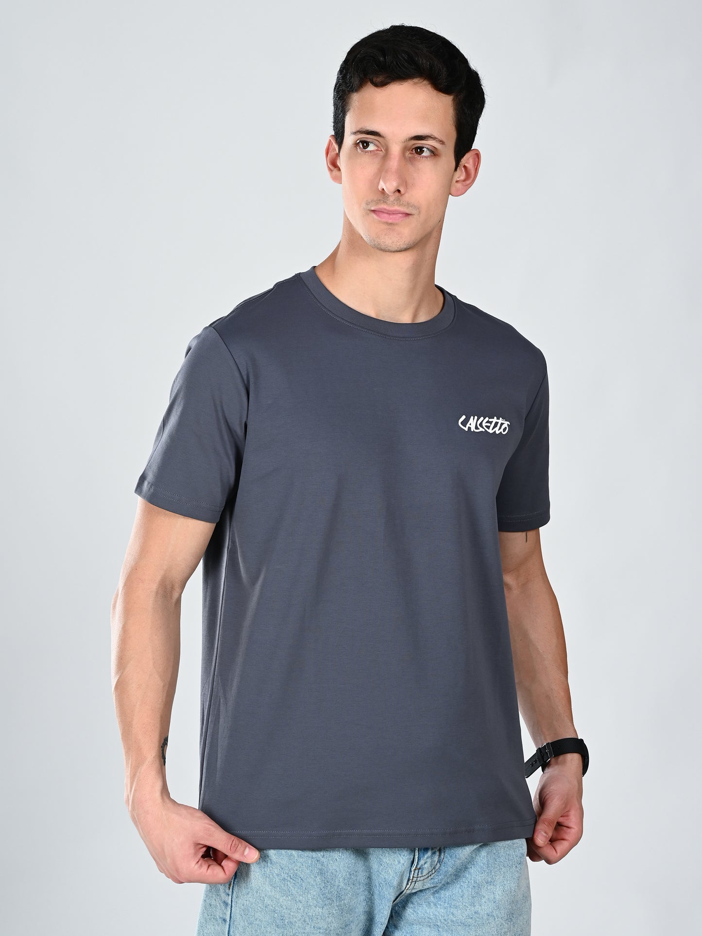 Albion Casual Cotton Grey Round Neck T-Shirt for Men