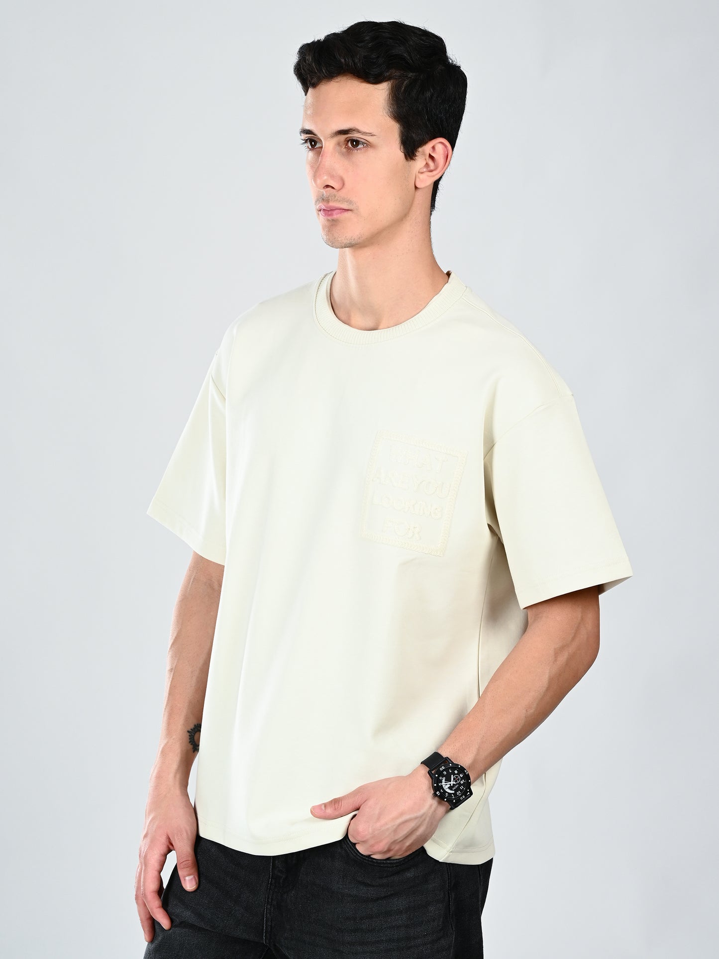 Albion Classic Fit Cream Casual T-Shirt for Men