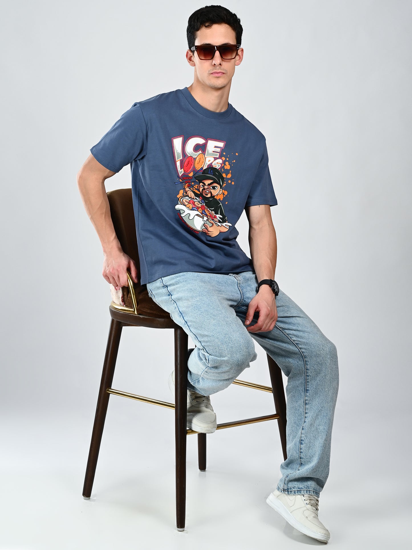 Albion  Regular Fit Blue Casual Cotton T-Shirt