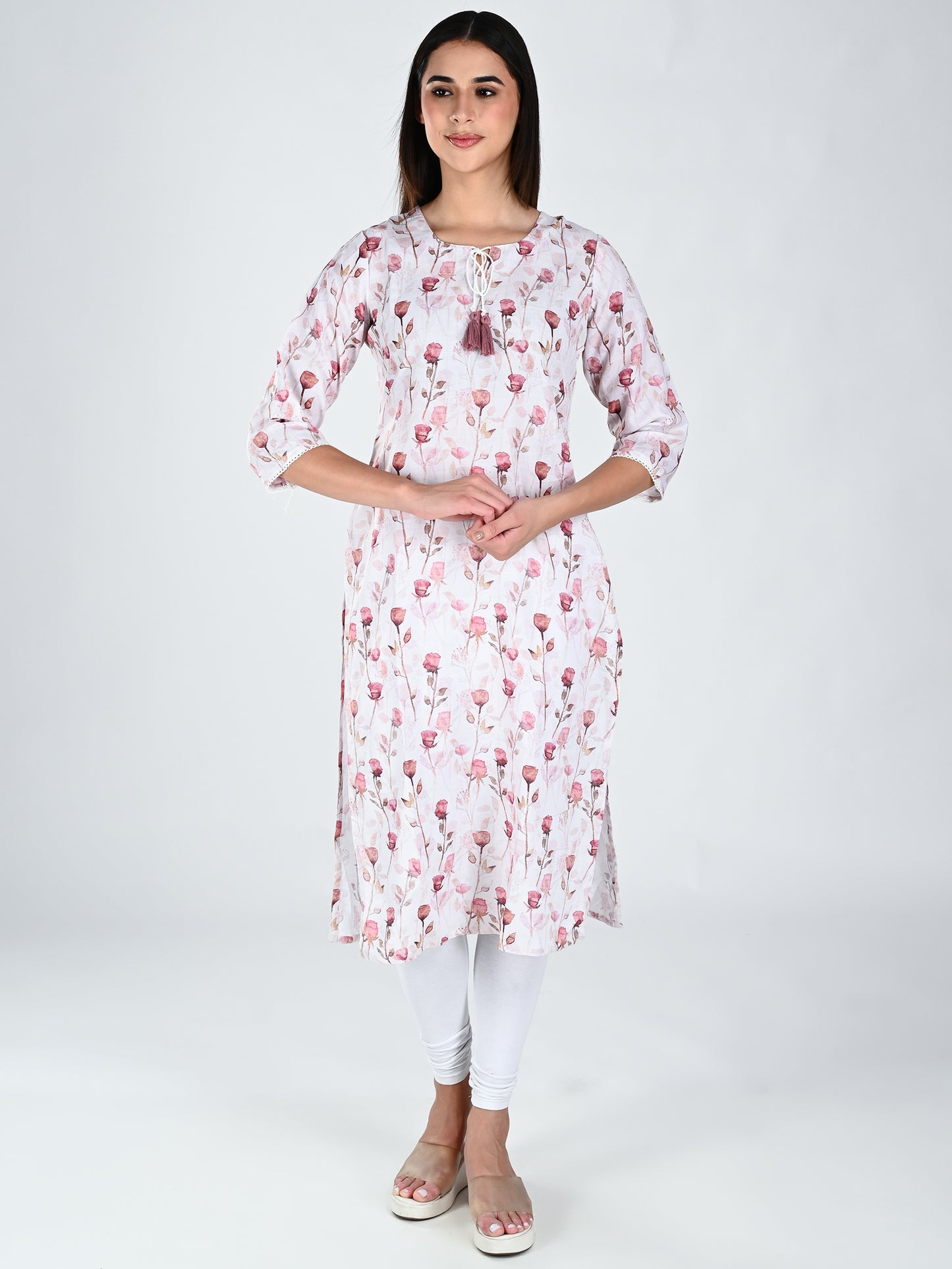AlbionWomen Floral Print  White  Straight Kurta for Daily Wear