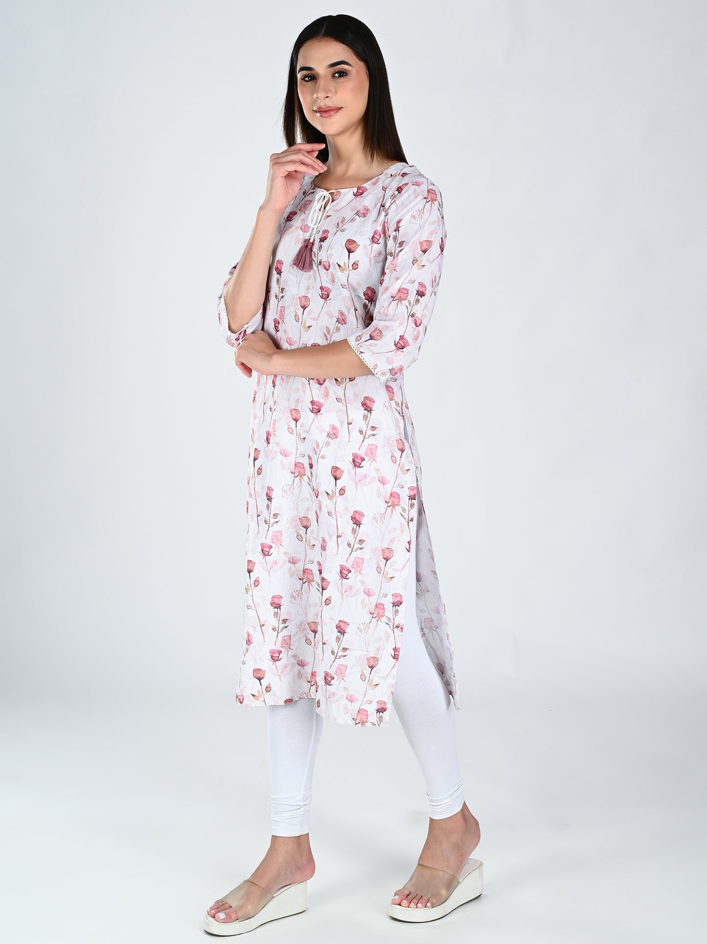 AlbionWomen Floral Print  White  Straight Kurta for Daily Wear