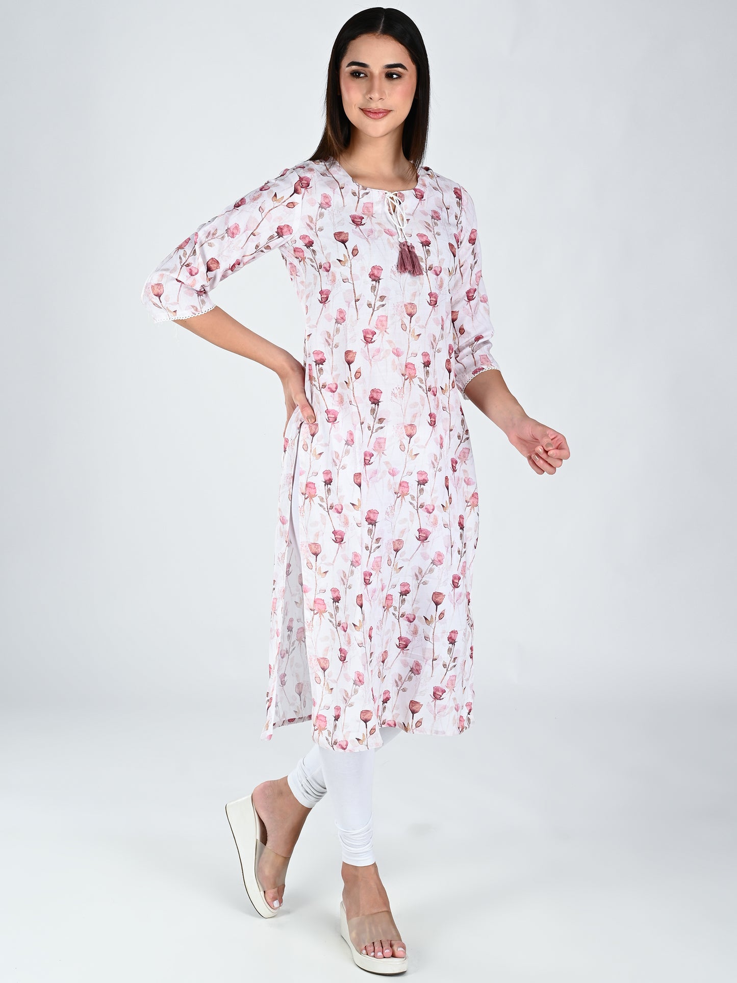 AlbionWomen Floral Print  White  Straight Kurta for Daily Wear