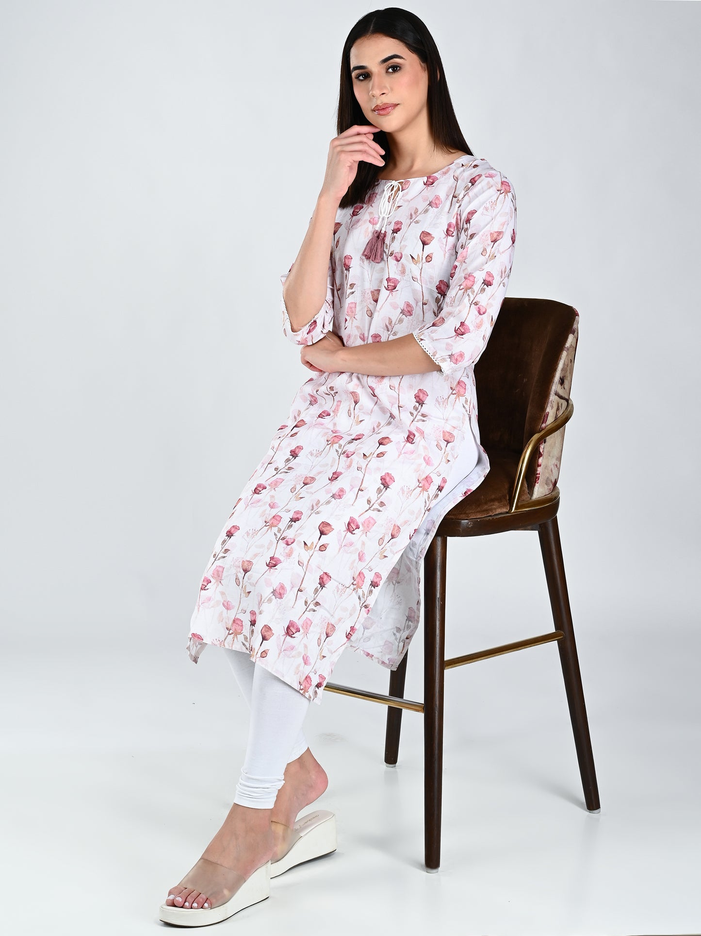 AlbionWomen Floral Print  White  Straight Kurta for Daily Wear