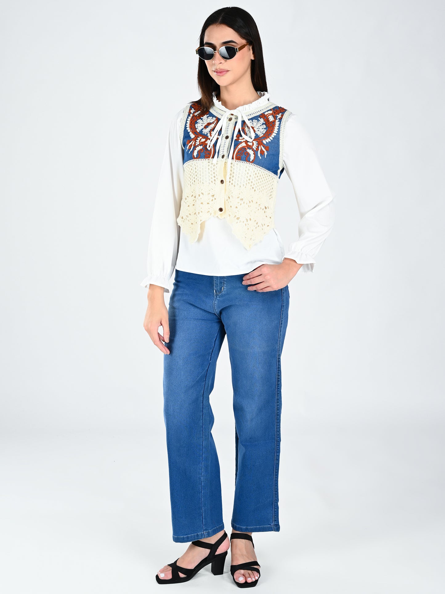 Albion Contrast Panel Embroidered Lace Hem Top for Women
