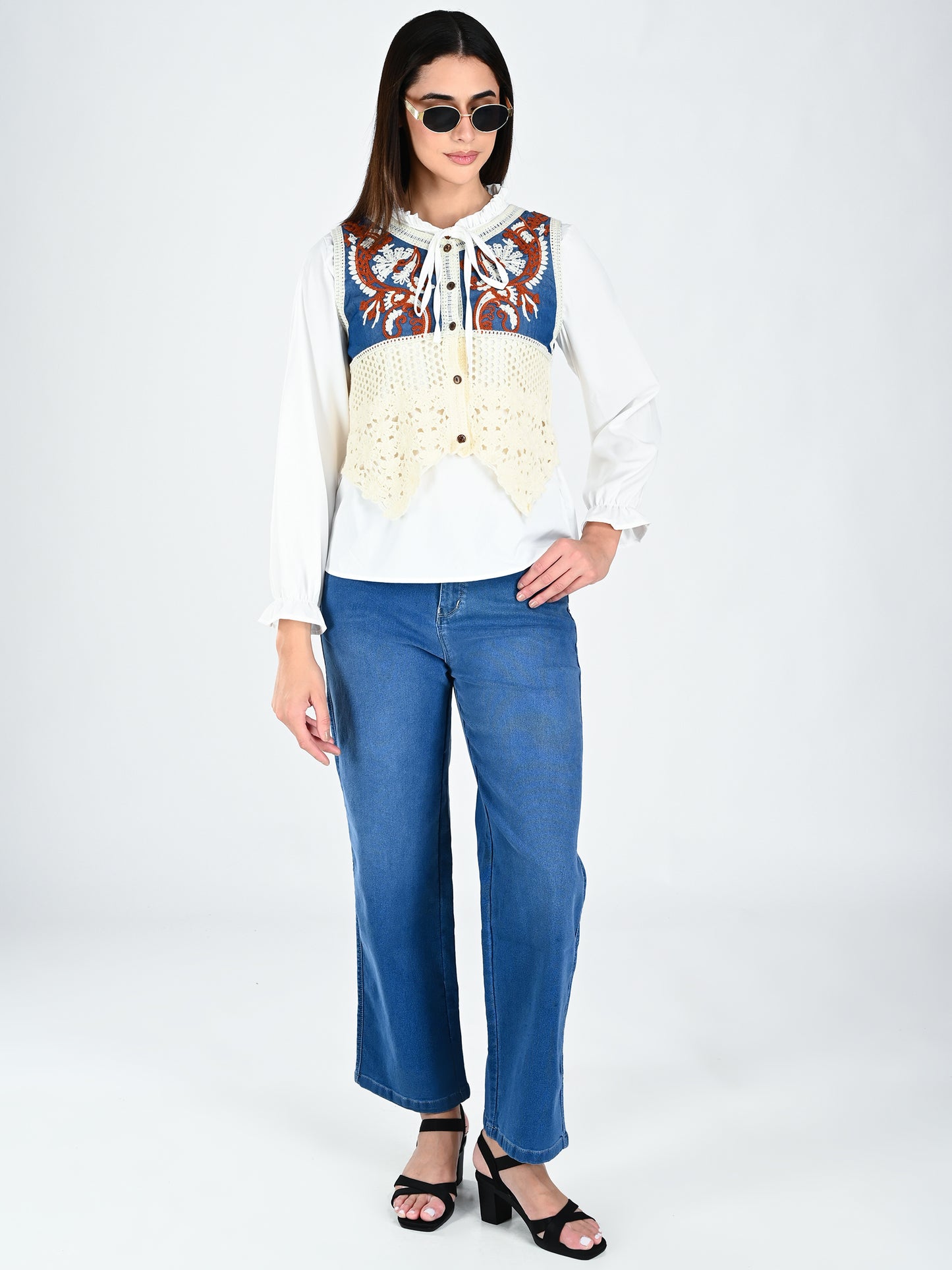 Albion Contrast Panel Embroidered Lace Hem Top for Women