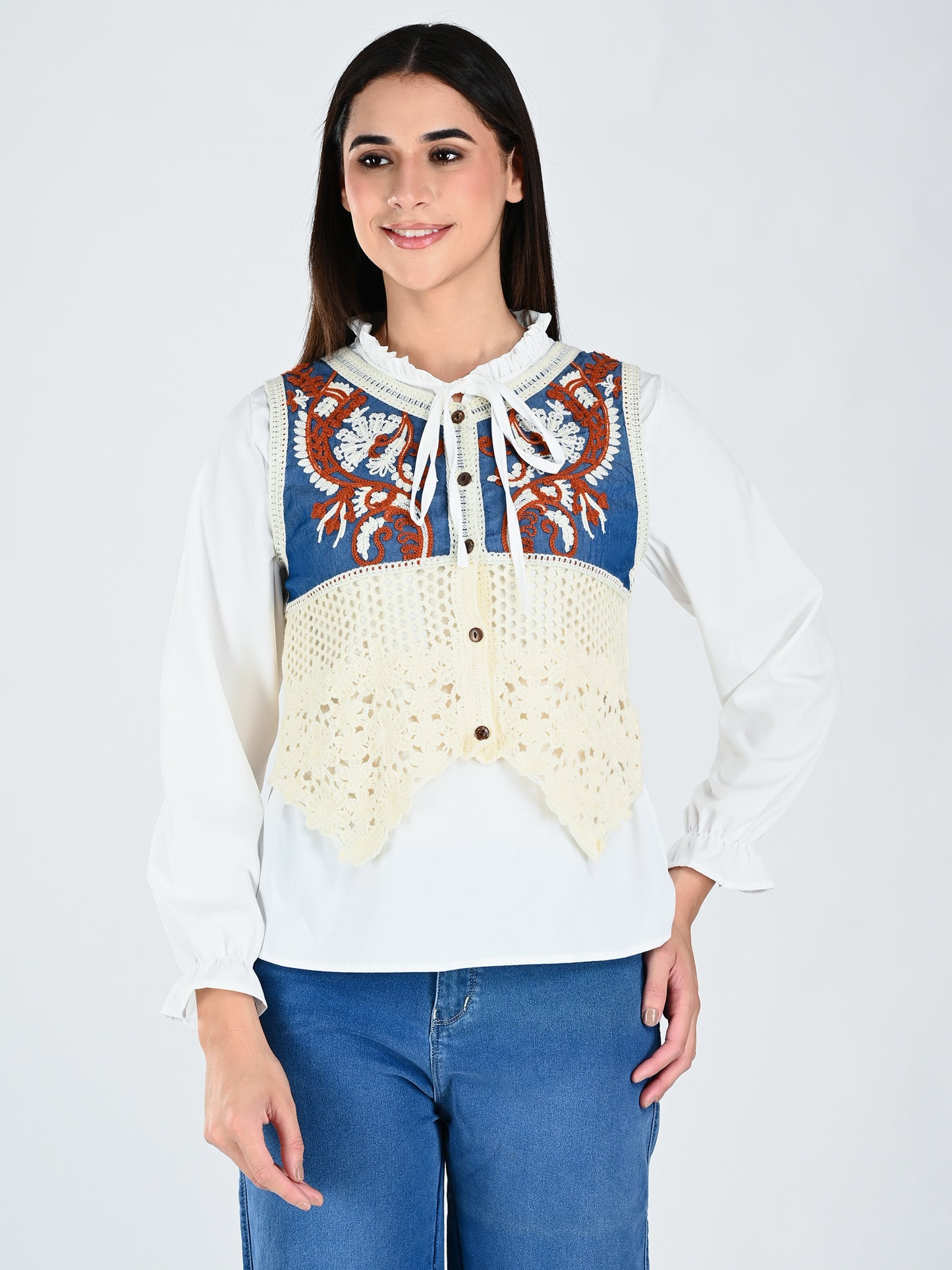 Albion Contrast Panel Embroidered Lace Hem Top for Women