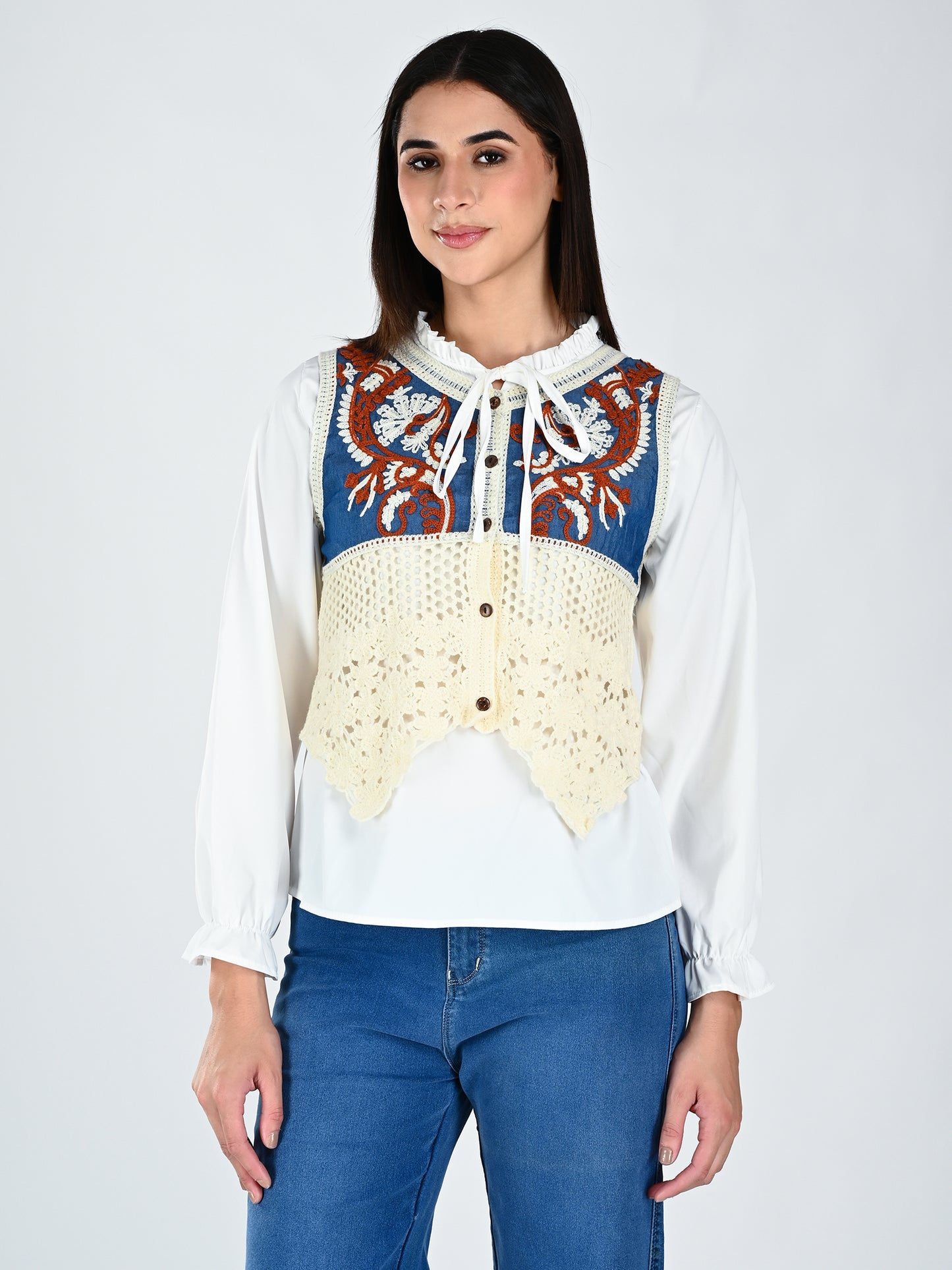 Albion Contrast Panel Embroidered Lace Hem Top for Women