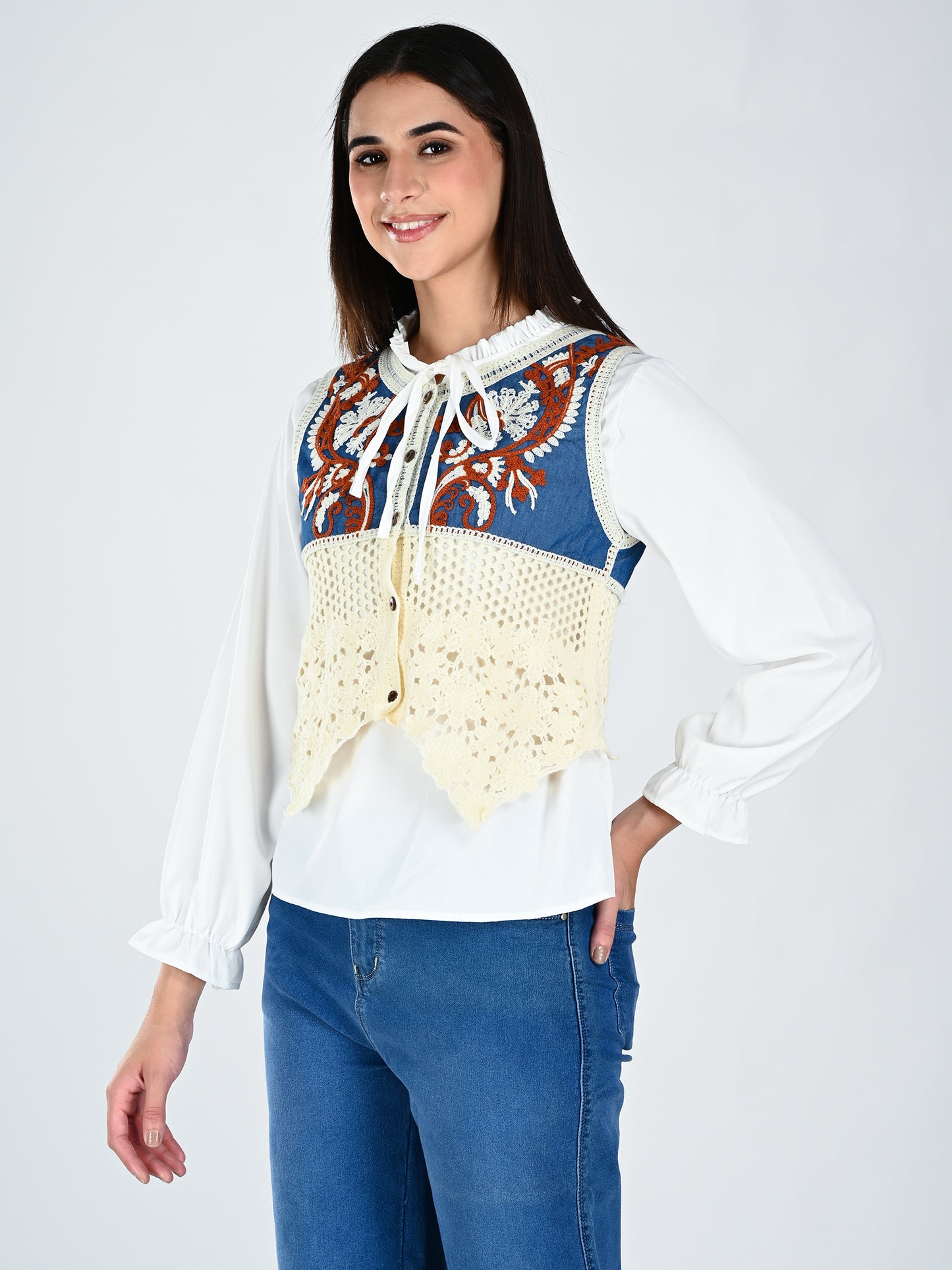 Albion Contrast Panel Embroidered Lace Hem Top for Women
