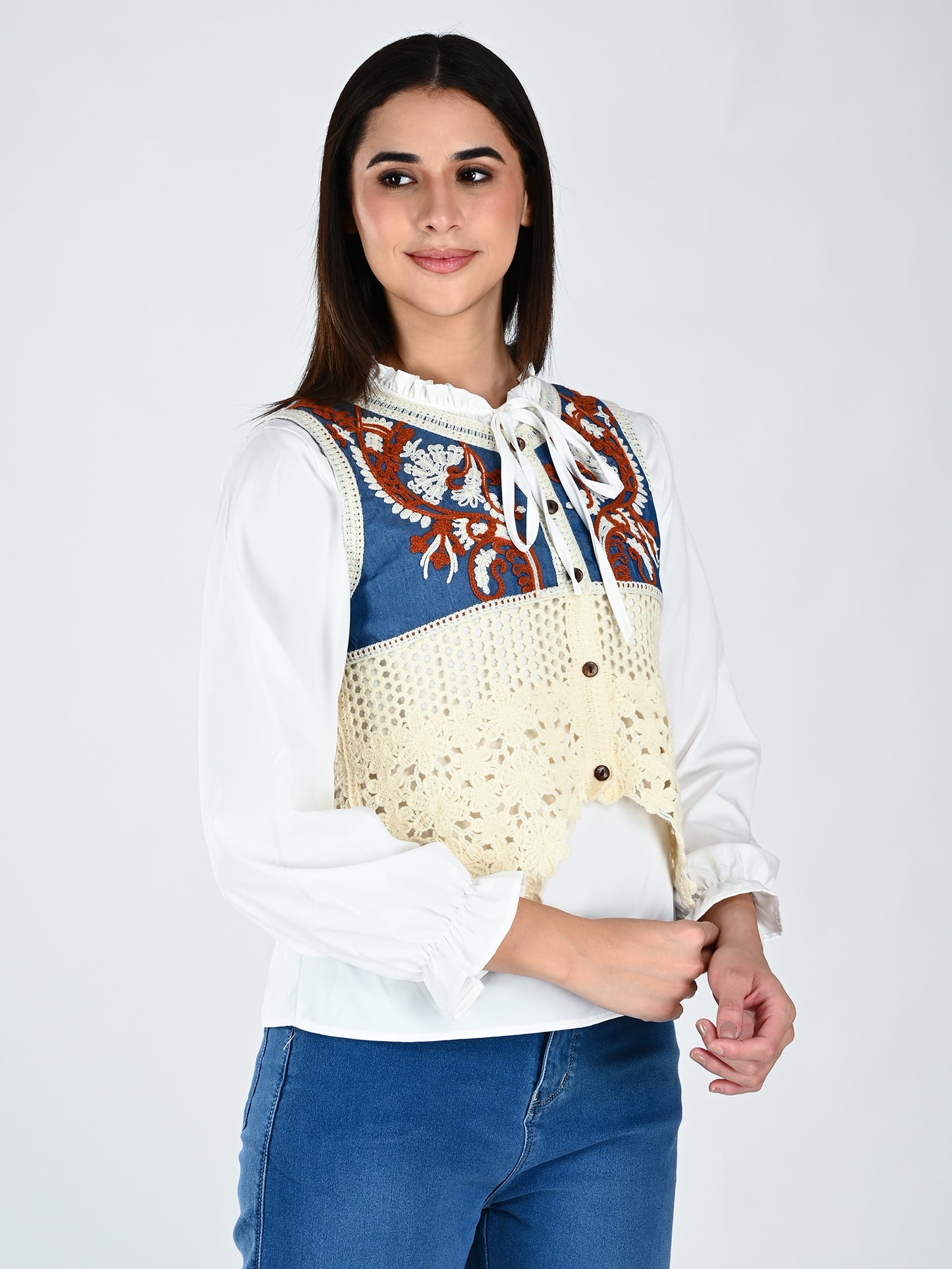 Albion Contrast Panel Embroidered Lace Hem Top for Women