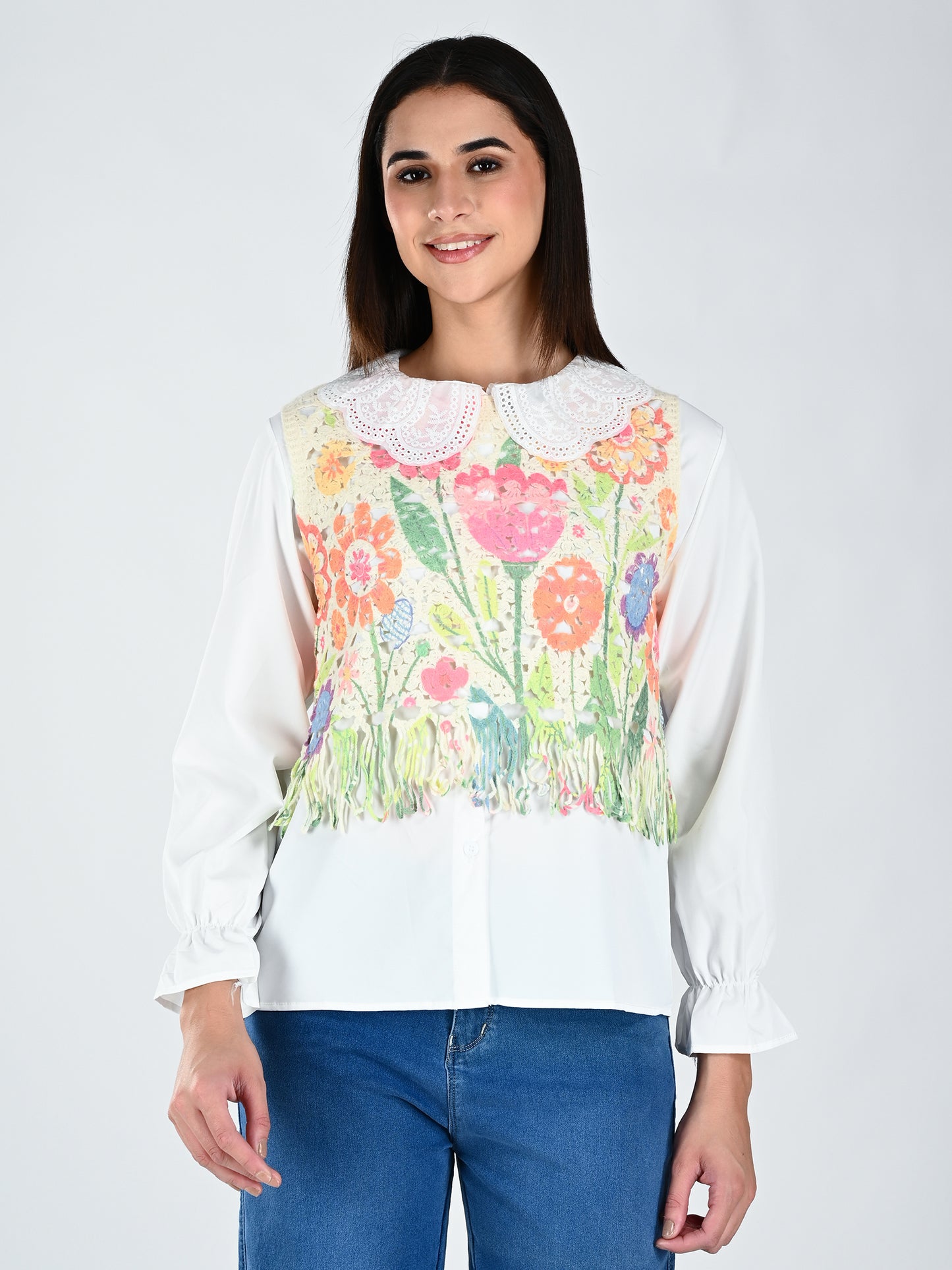 Albion Women Multicolor Floral Lace Yoke Top