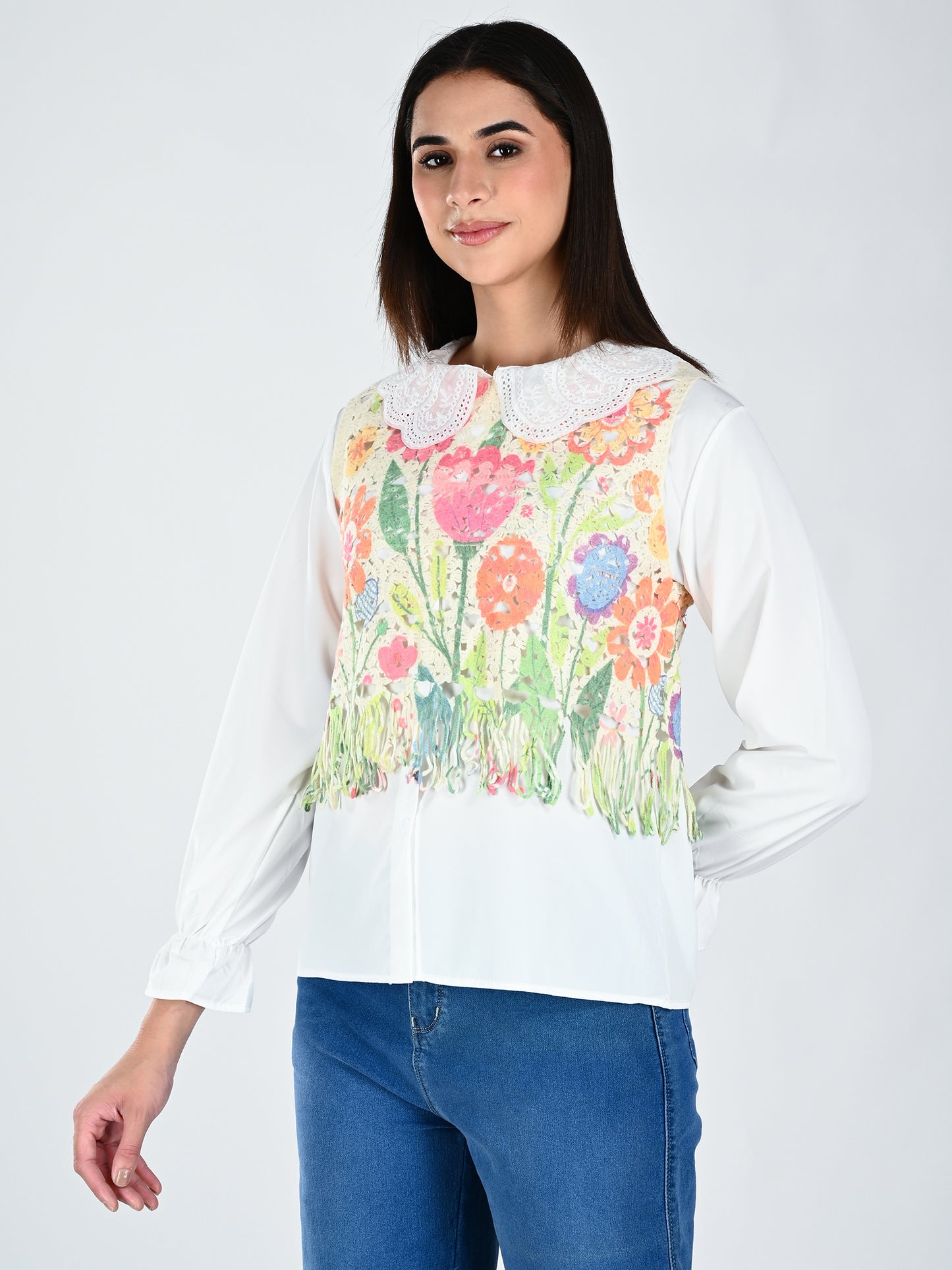 Albion Women Multicolor Floral Lace Yoke Top