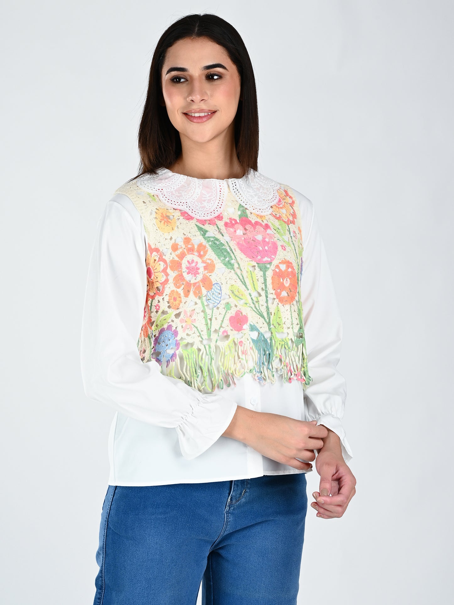 Albion Women Multicolor Floral Lace Yoke Top