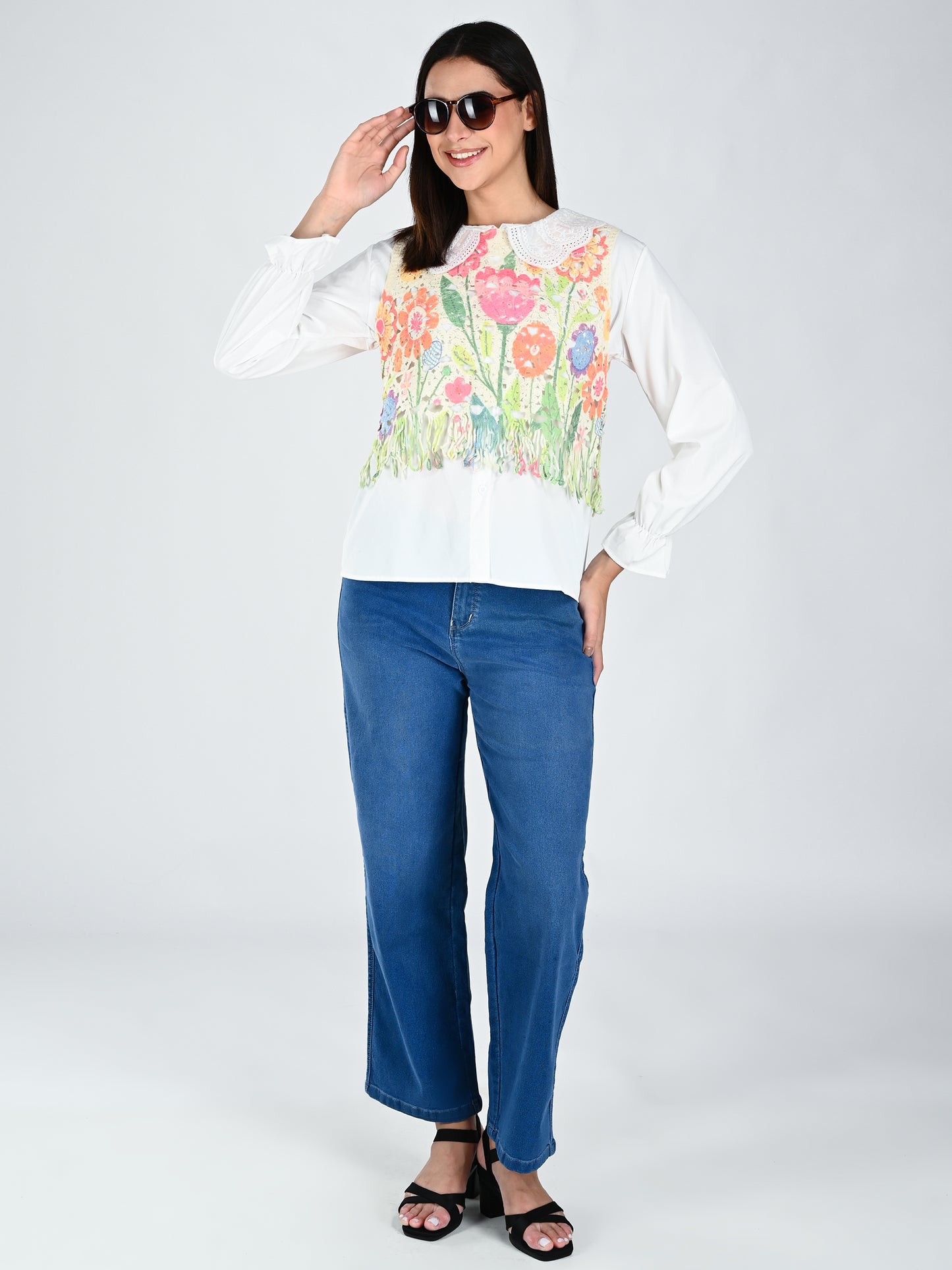 Albion Women Multicolor Floral Lace Yoke Top