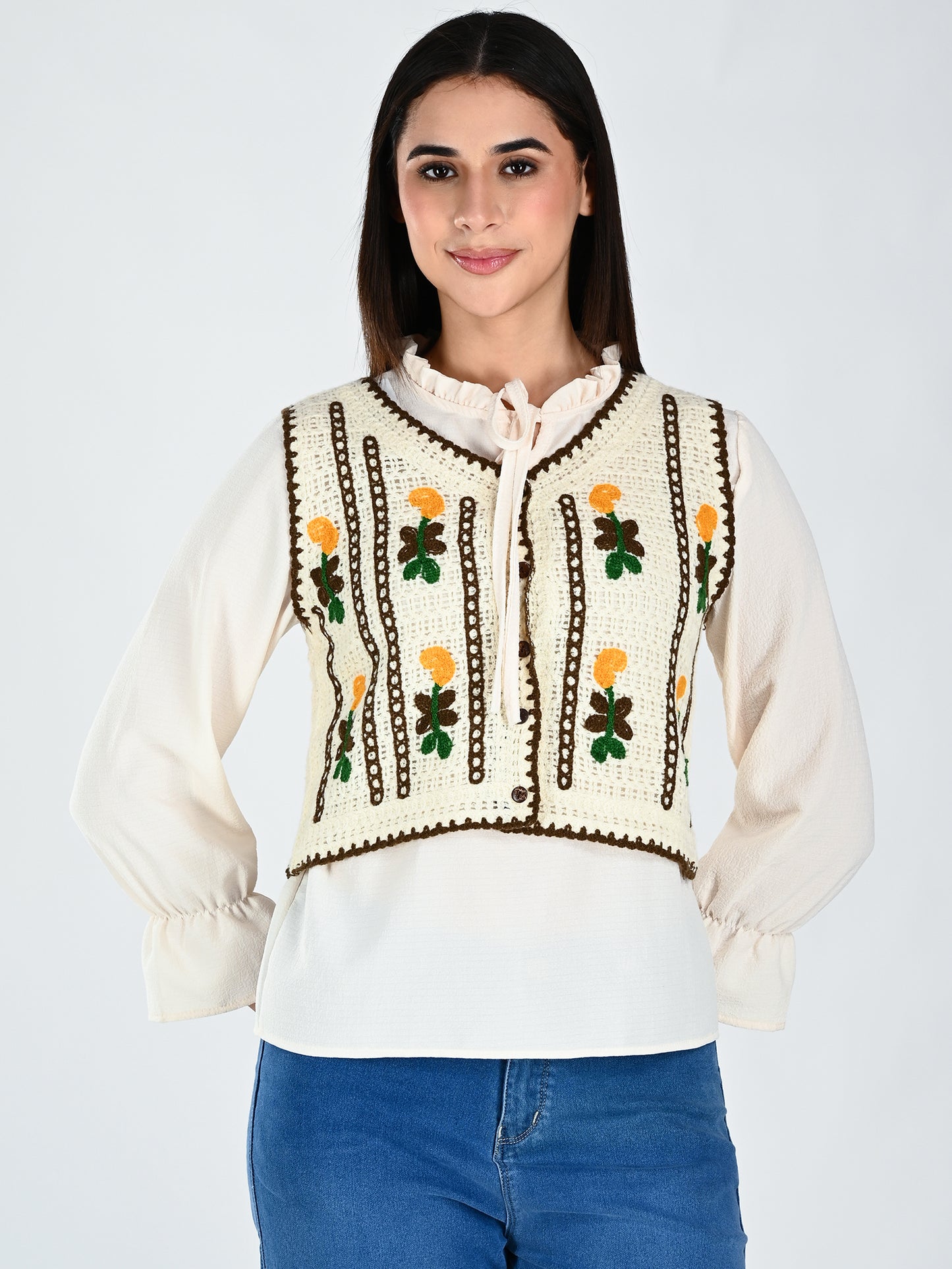 Albion Women Floral Embroidered Tie Neck Top