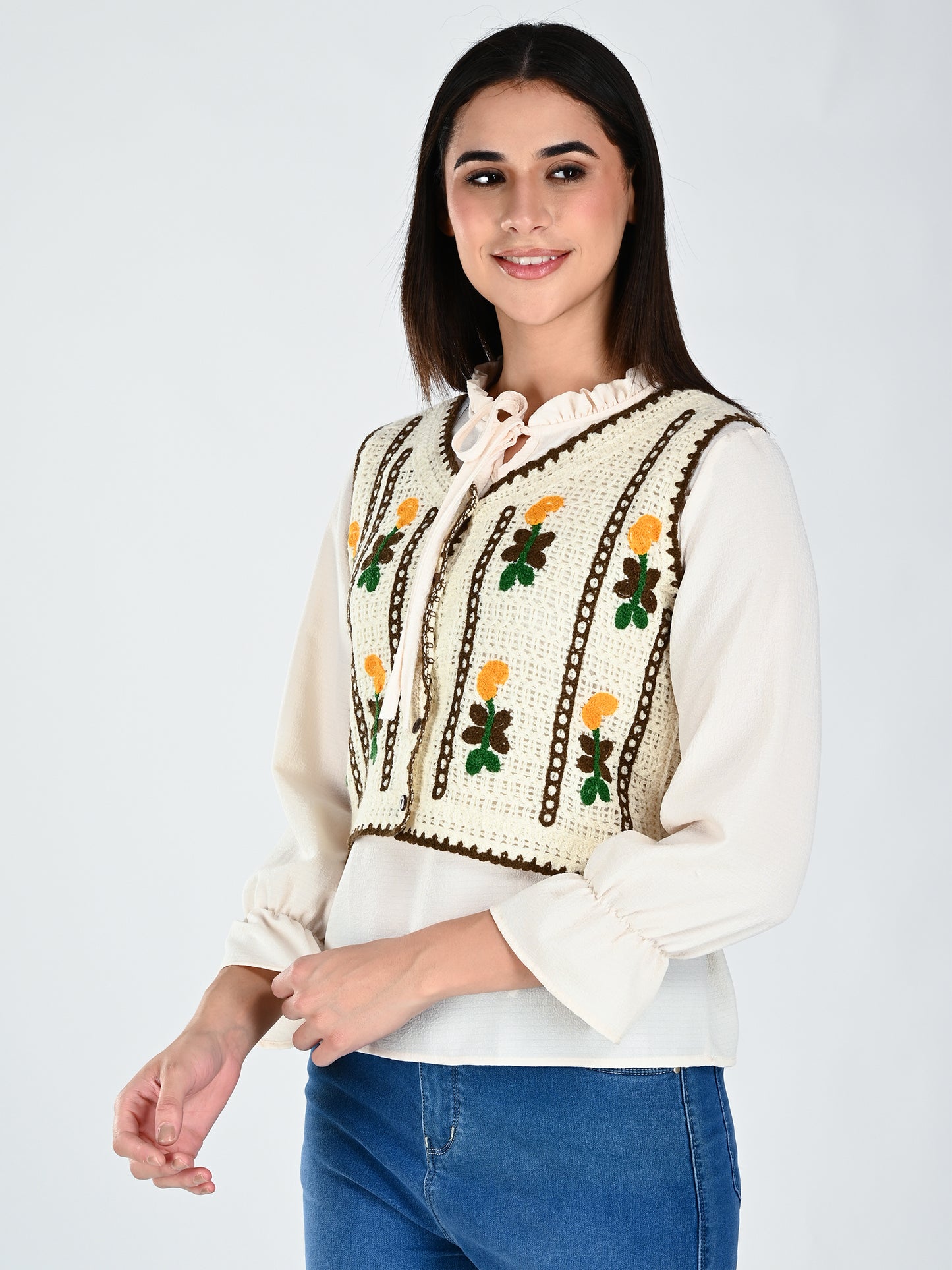 Albion Women Floral Embroidered Tie Neck Top