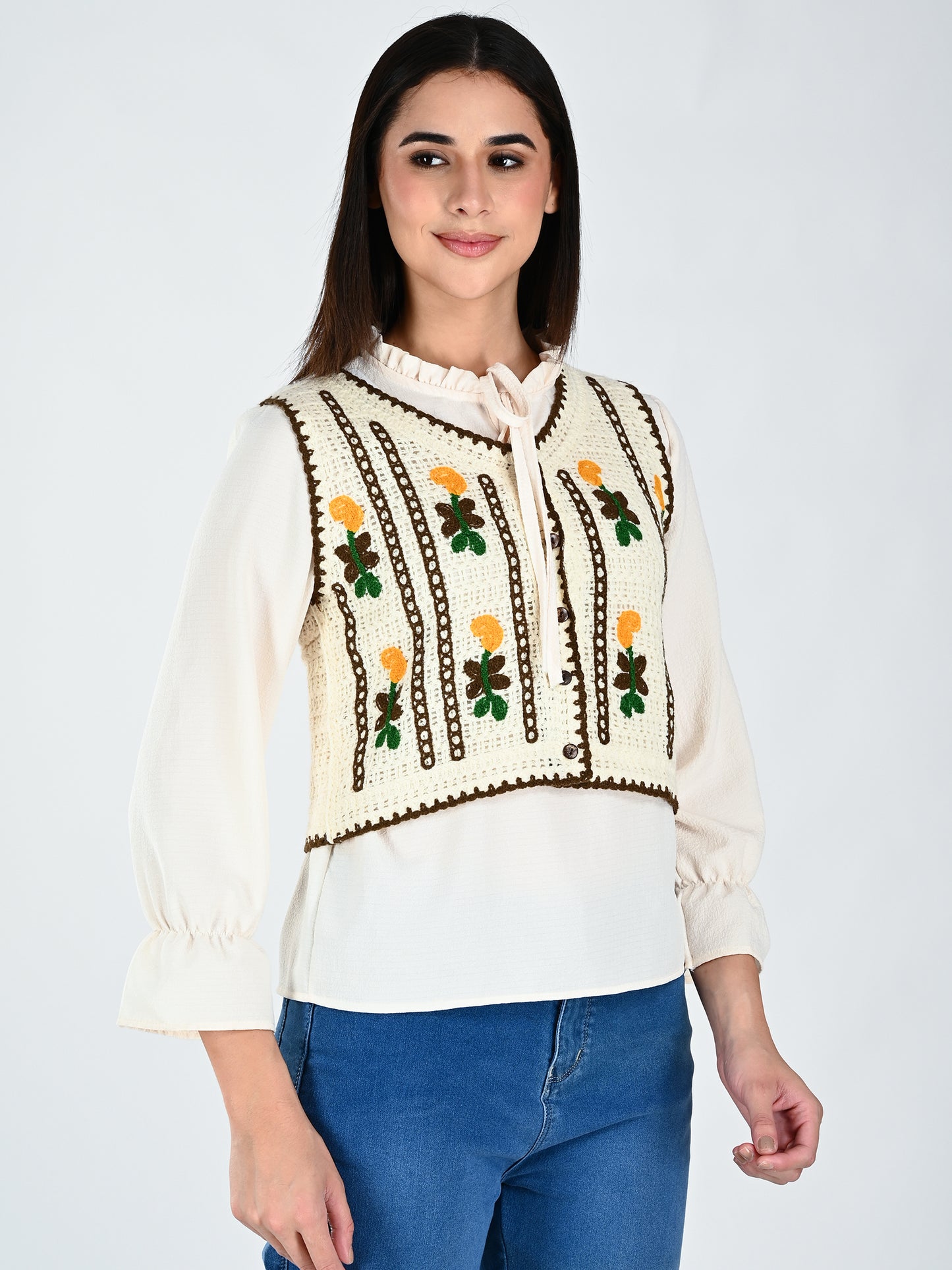 Albion Women Floral Embroidered Tie Neck Top