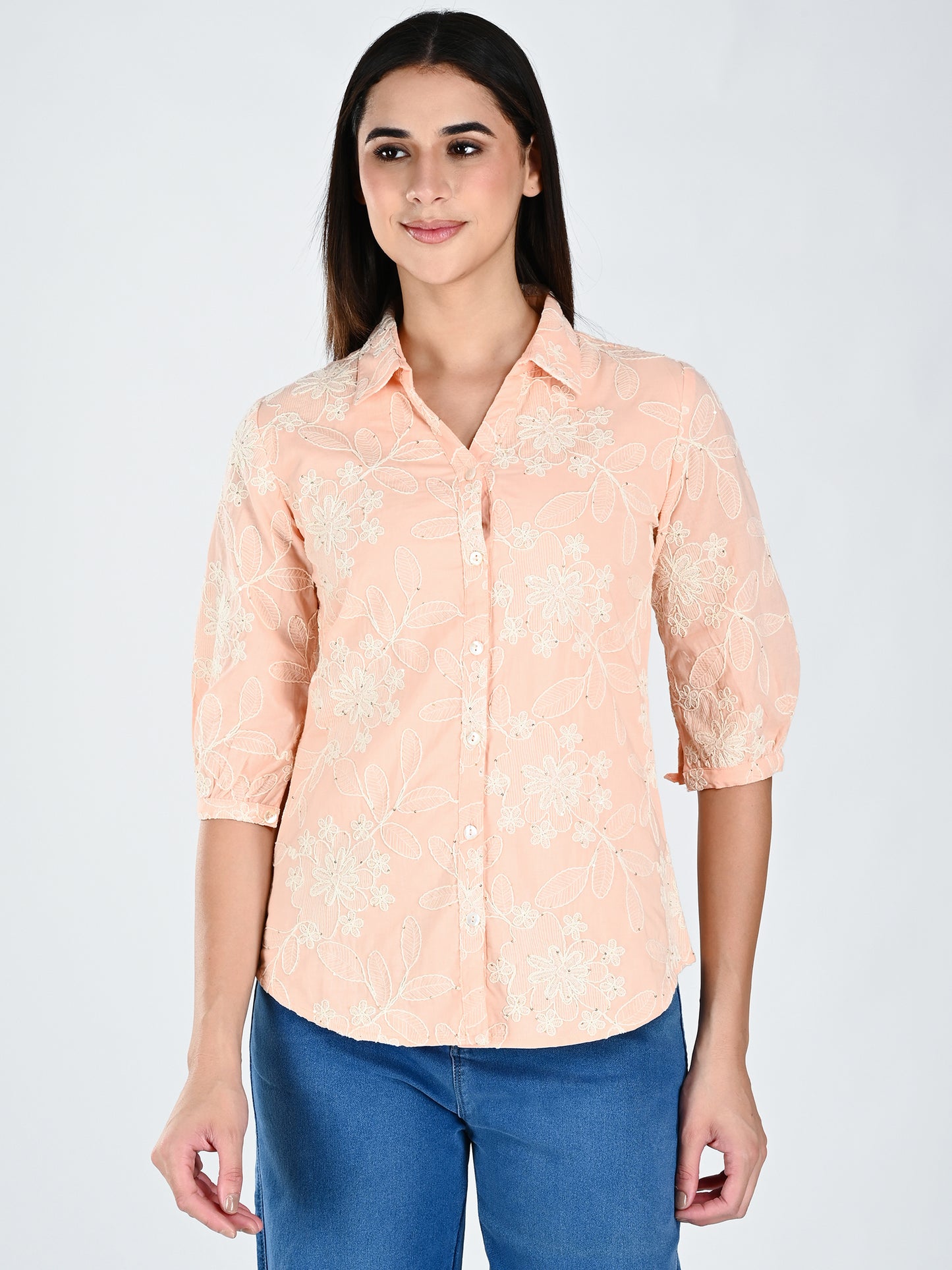 Albion Women Peach  Threadwork Casual Shirt