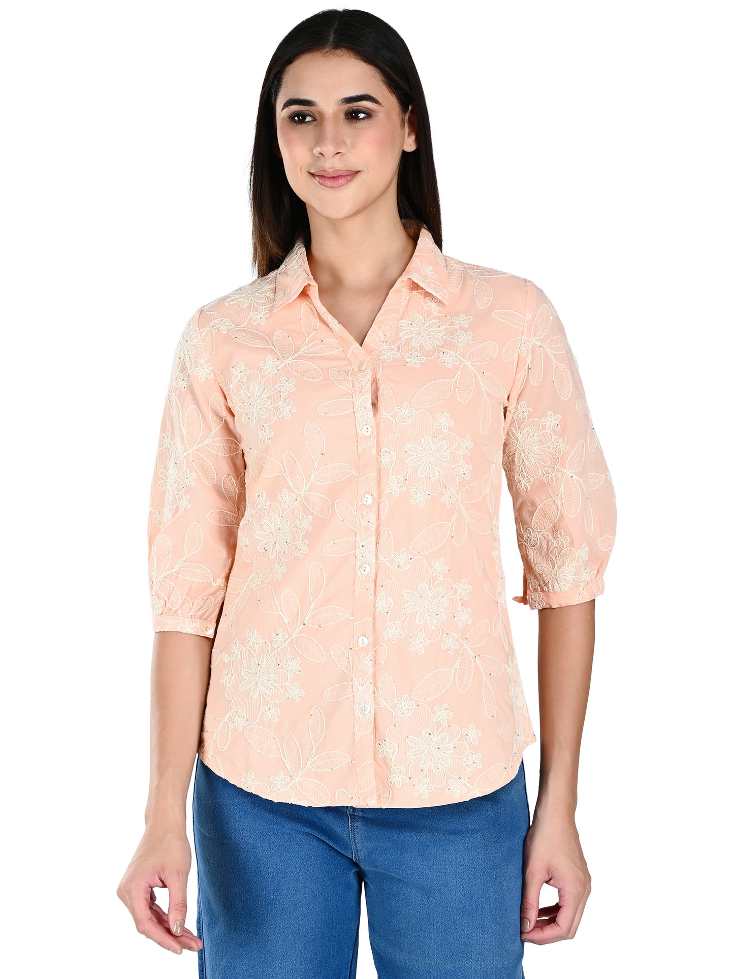 Albion Women Peach  Threadwork Casual Shirt