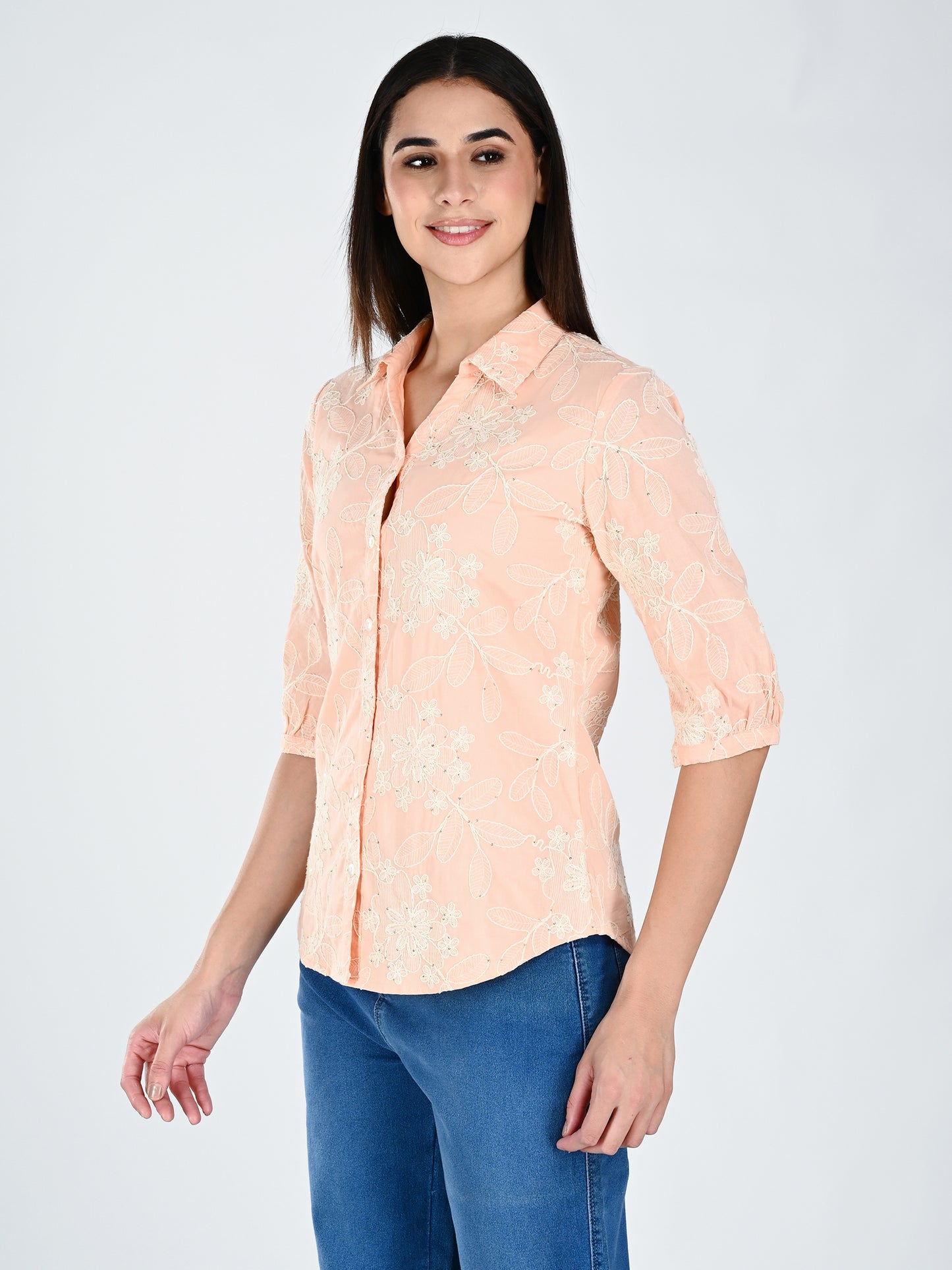 Albion Women Peach  Threadwork Casual Shirt