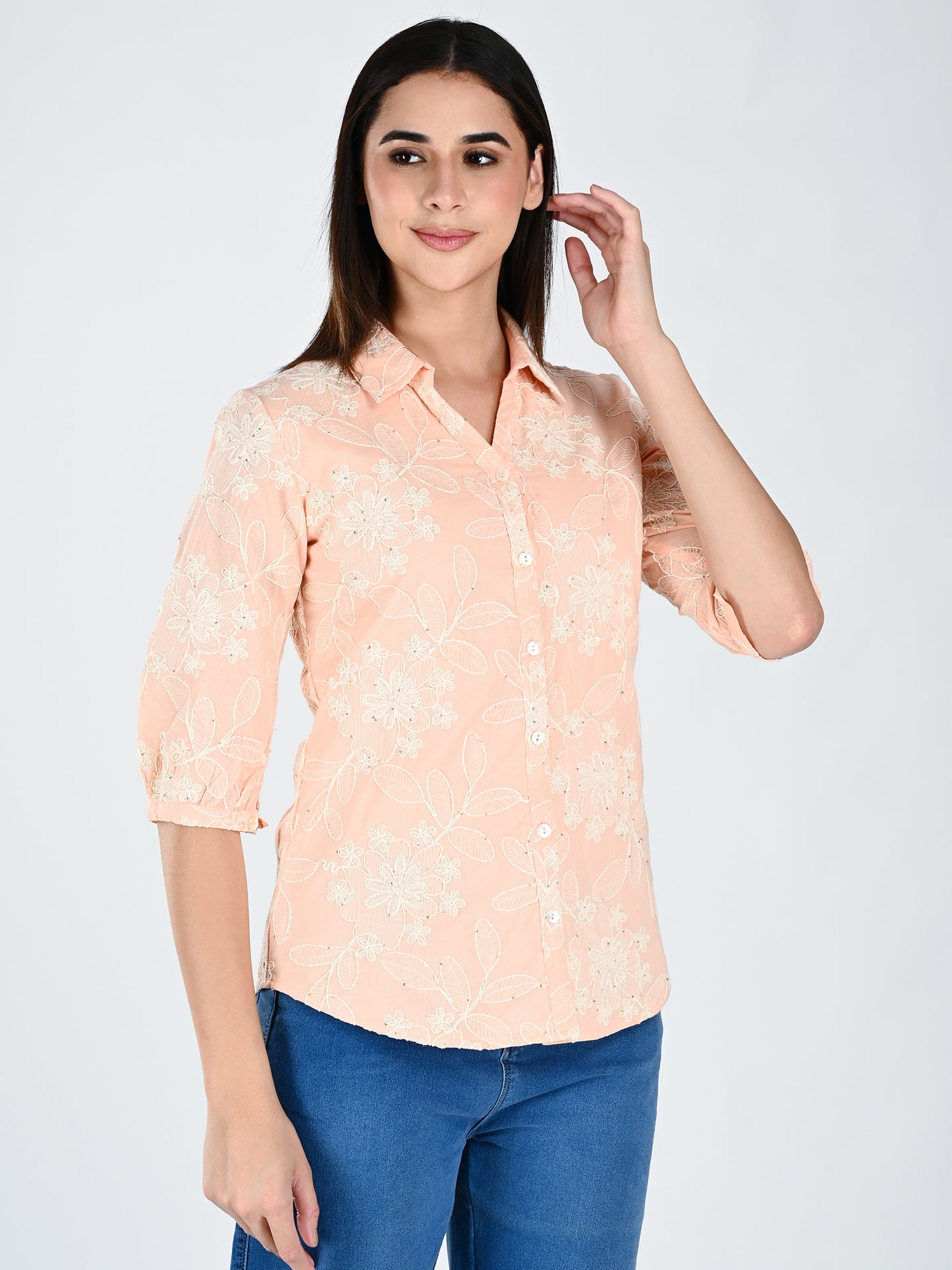 Albion Women Peach  Threadwork Casual Shirt