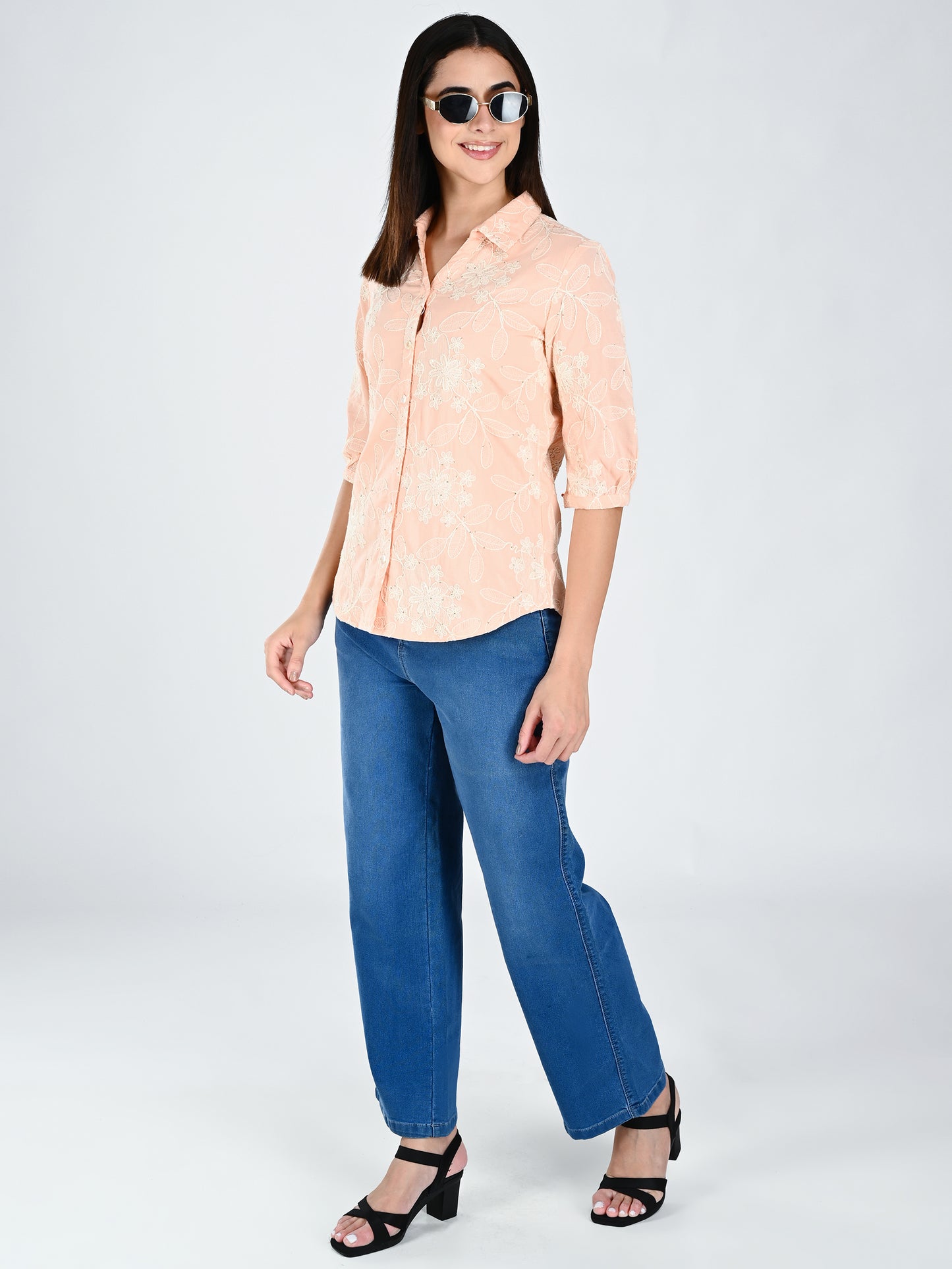 Albion Women Peach  Threadwork Casual Shirt