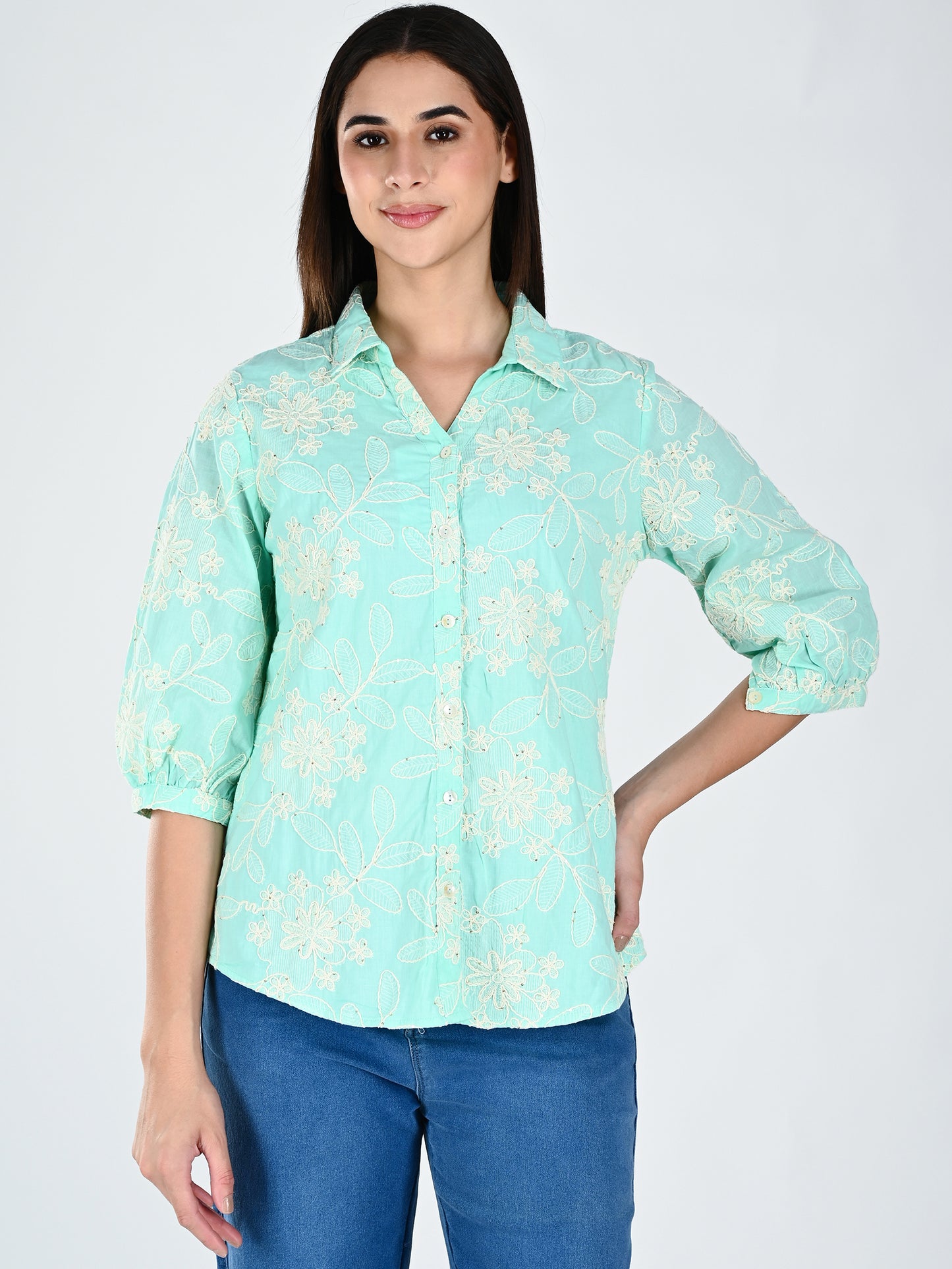 Albion Women Elegant Green Thread Work Top,