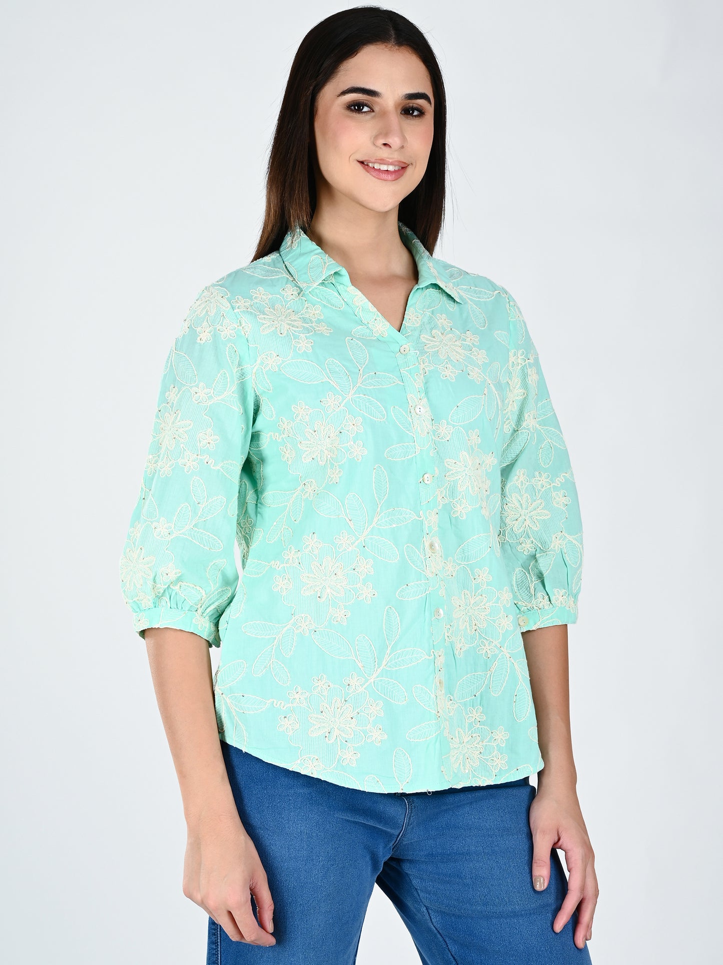 Albion Women Elegant Green Thread Work Top,
