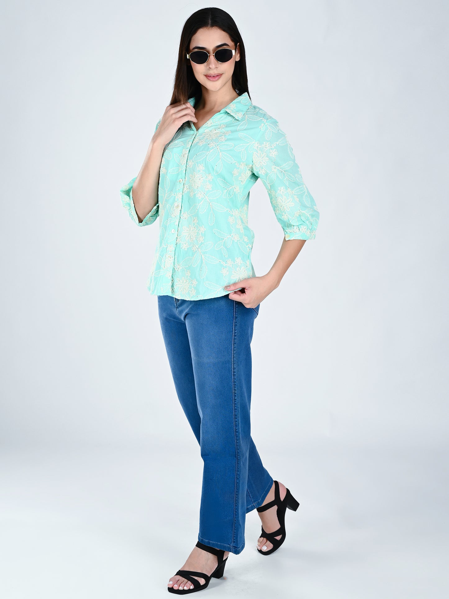 Albion Women Elegant Green Thread Work Top,