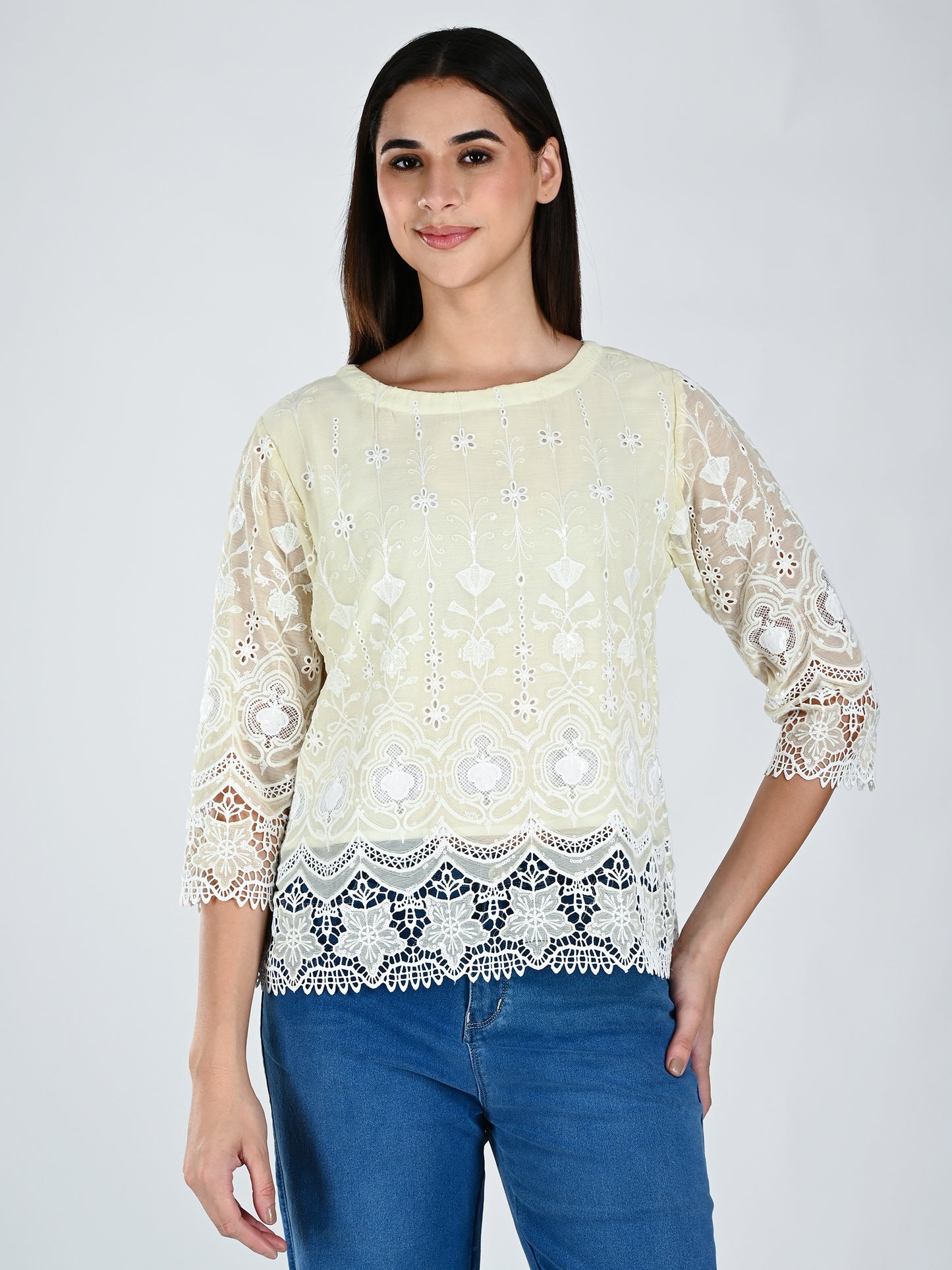 Albion Women Elegant Lemon  Thread Work Top,