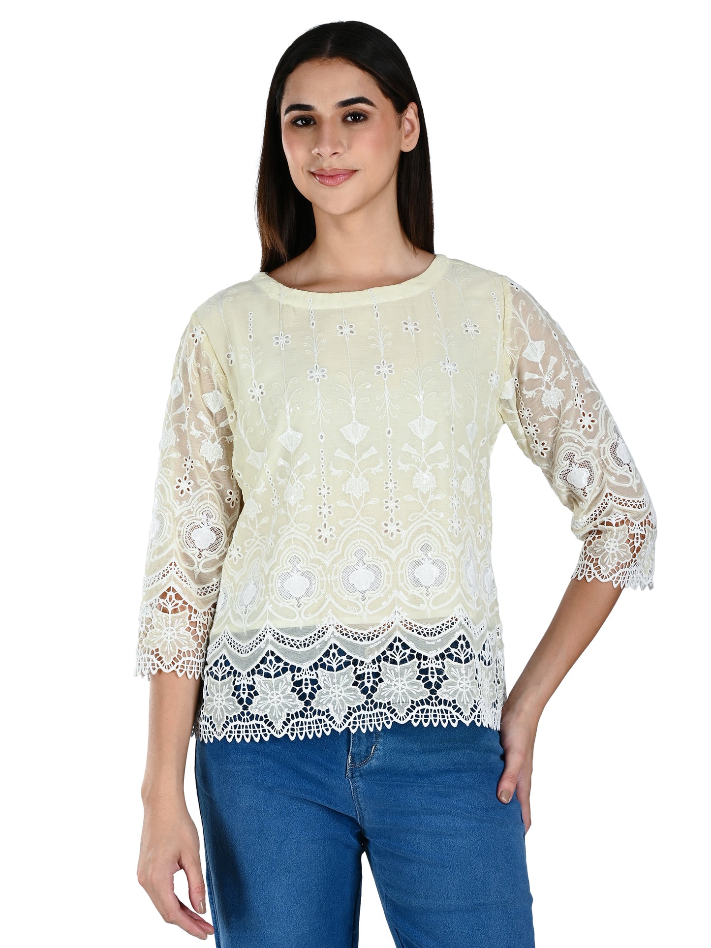 Albion Women Elegant Lemon  Thread Work Top,