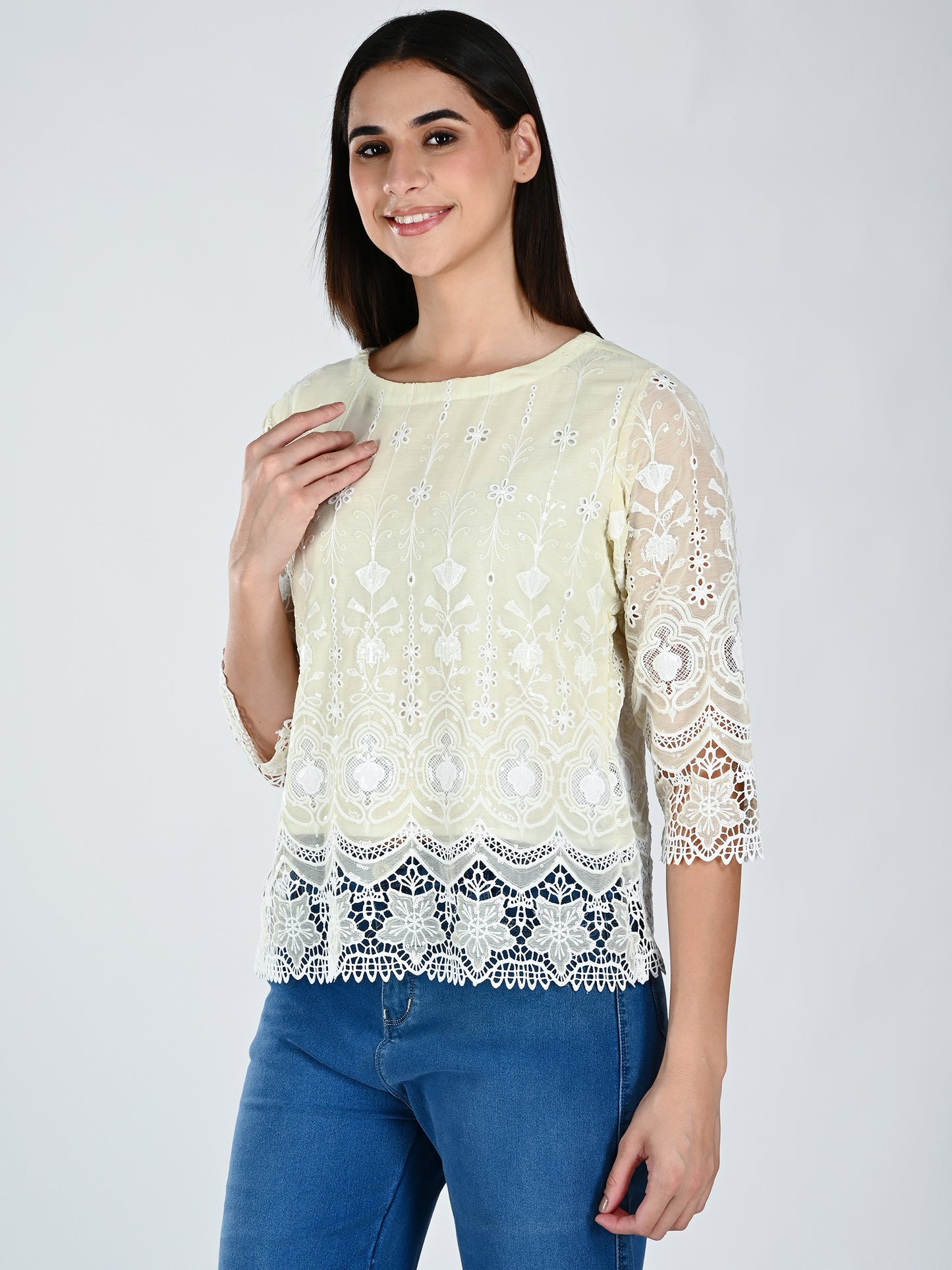 Albion Women Elegant Lemon  Thread Work Top,
