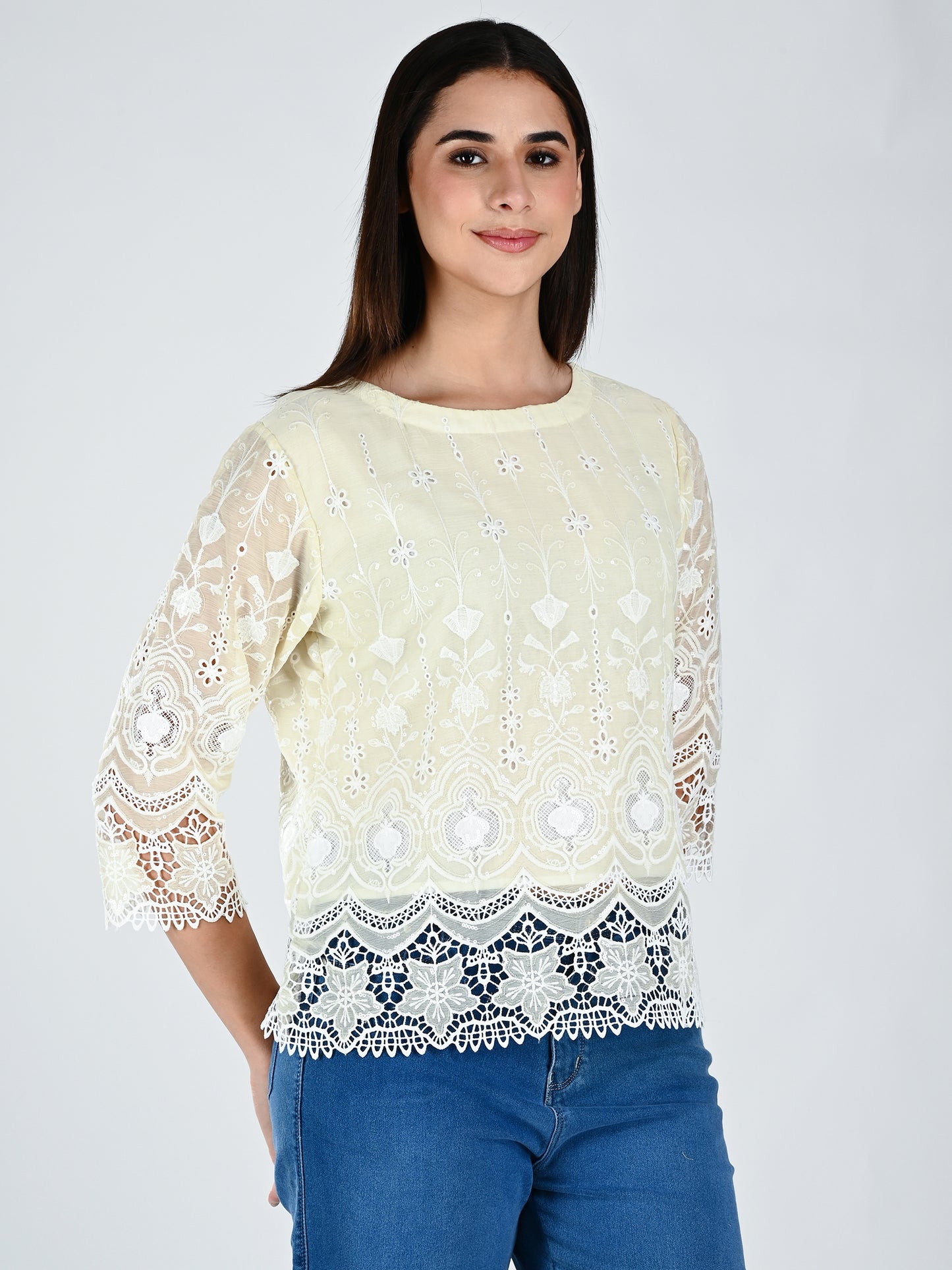 Albion Women Elegant Lemon  Thread Work Top,