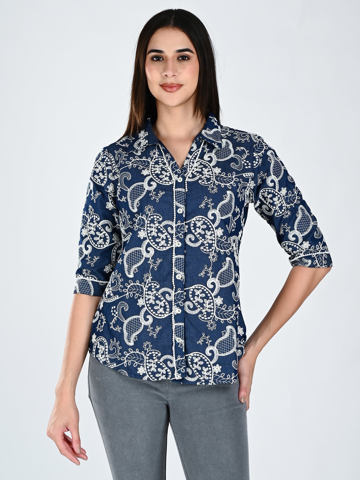 Albion Women Dark Blue Bloom Embroidered Shirt