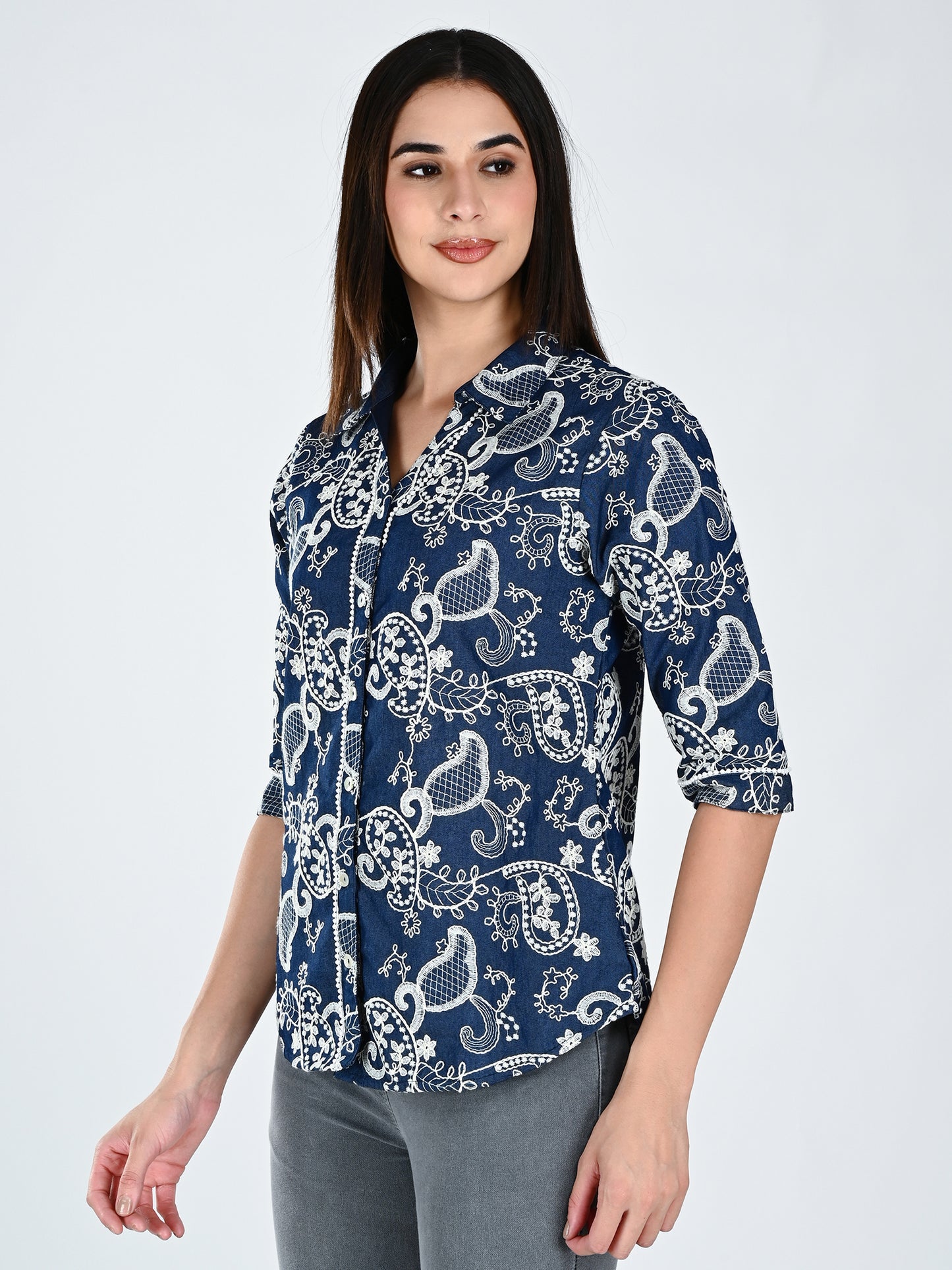Albion Women Dark Blue Bloom Embroidered Shirt