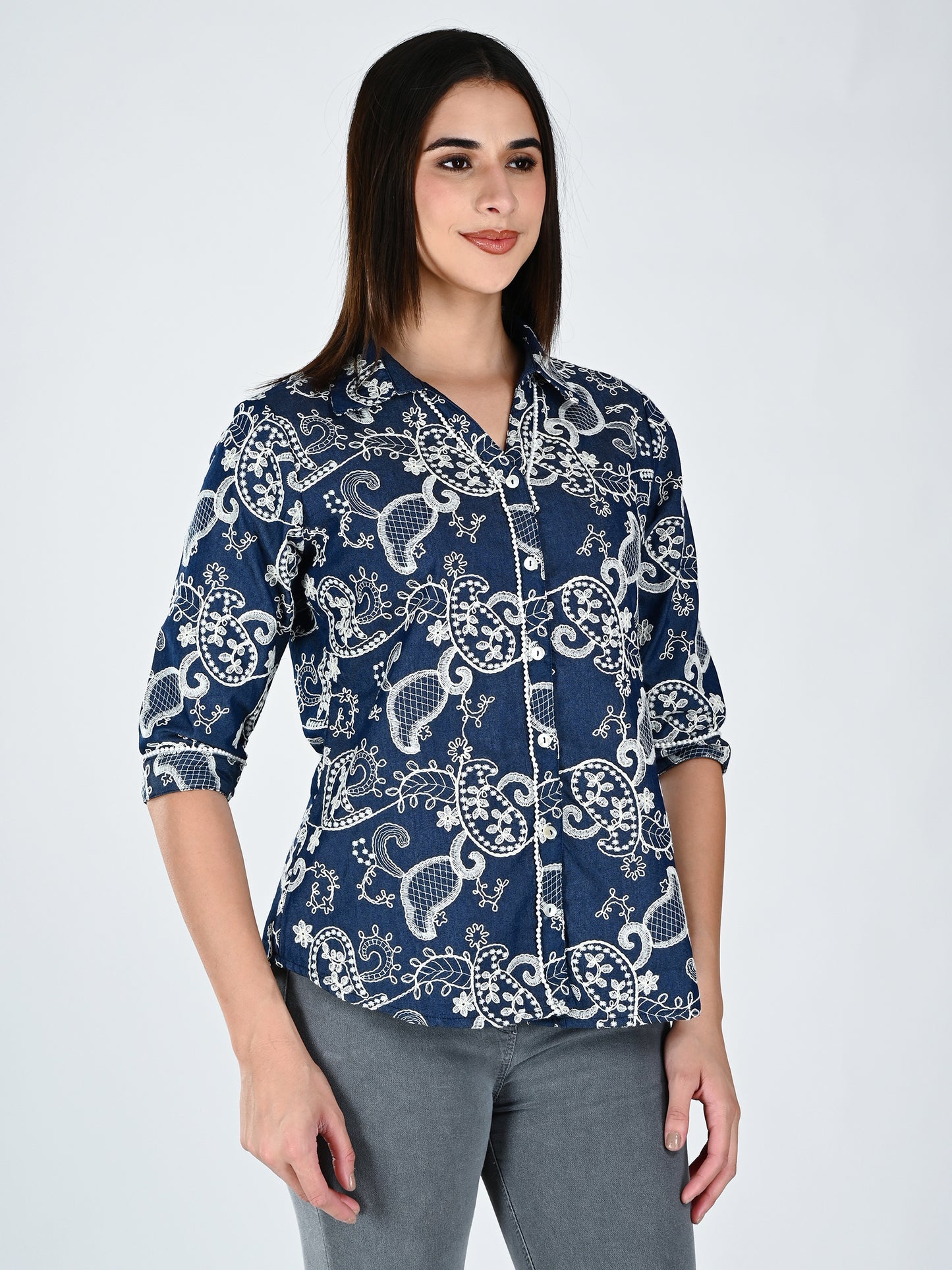 Albion Women Dark Blue Bloom Embroidered Shirt