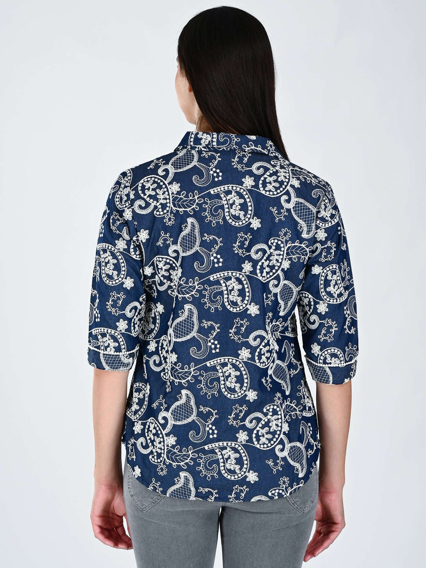 Albion Women Dark Blue Bloom Embroidered Shirt