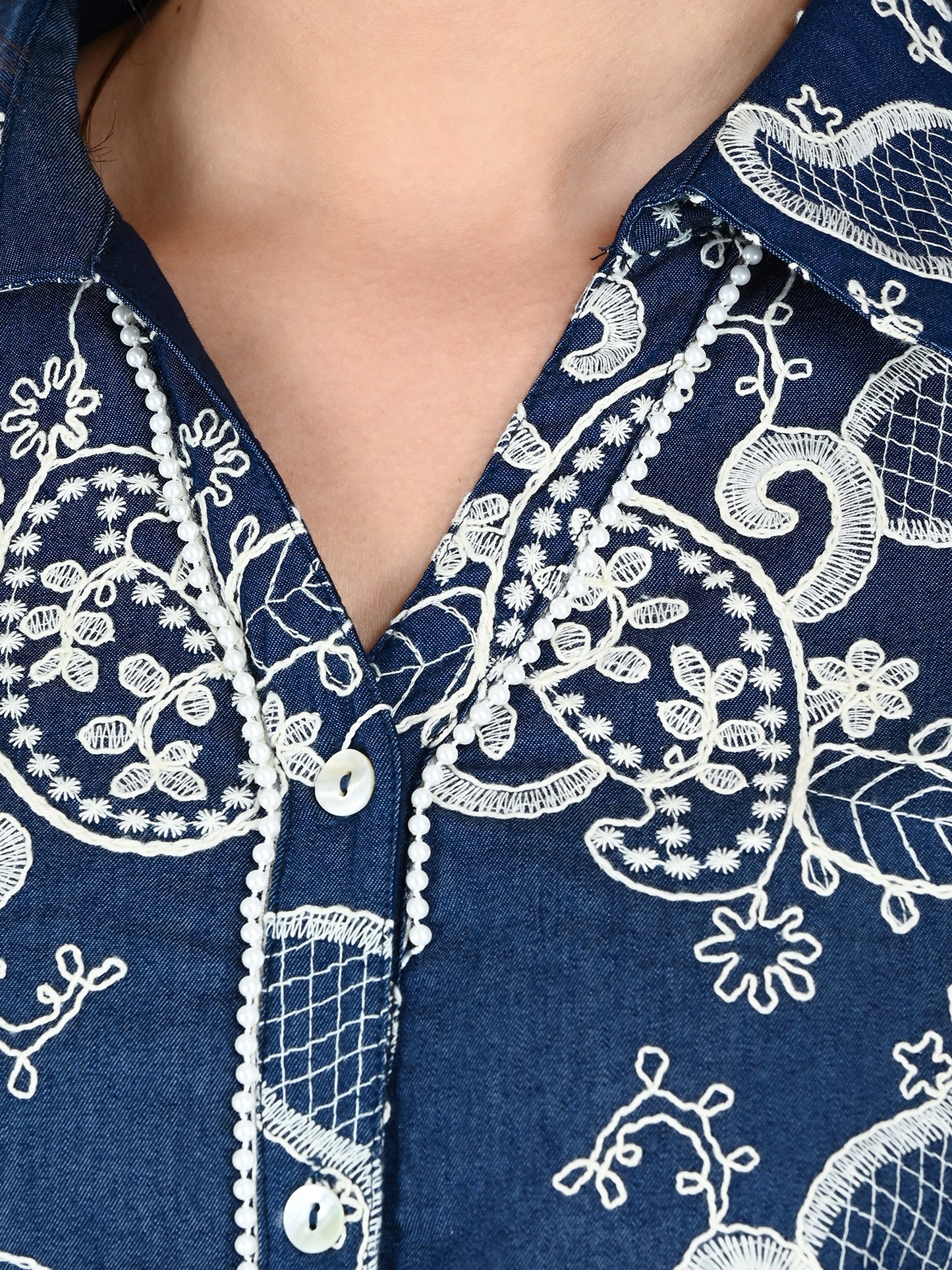 Albion Women Dark Blue Bloom Embroidered Shirt