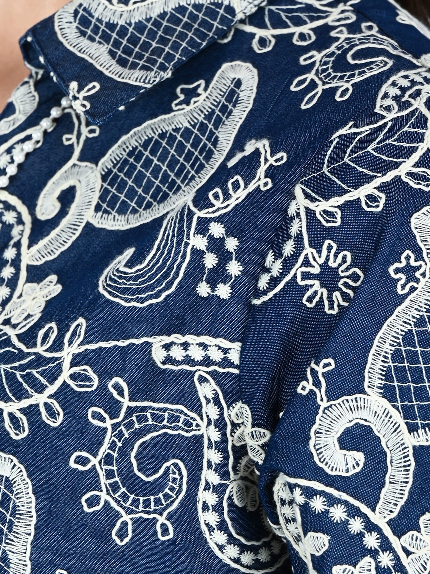Albion Women Dark Blue Bloom Embroidered Shirt