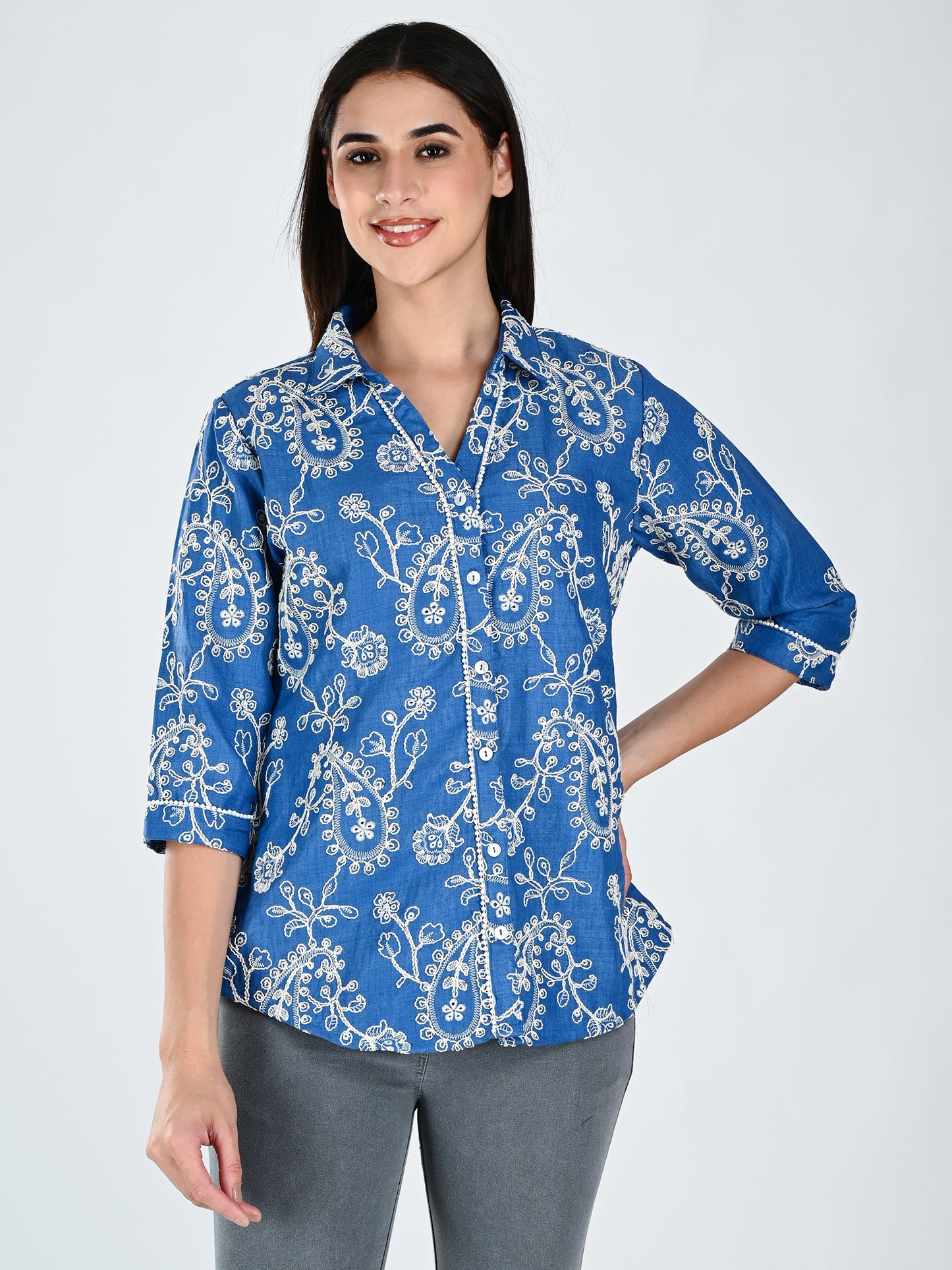 Albion Women Indigo Bloom Embroidered Shirt
