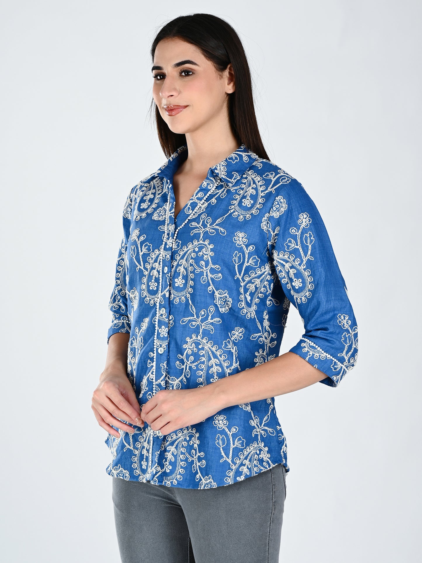 Albion Women Indigo Bloom Embroidered Shirt