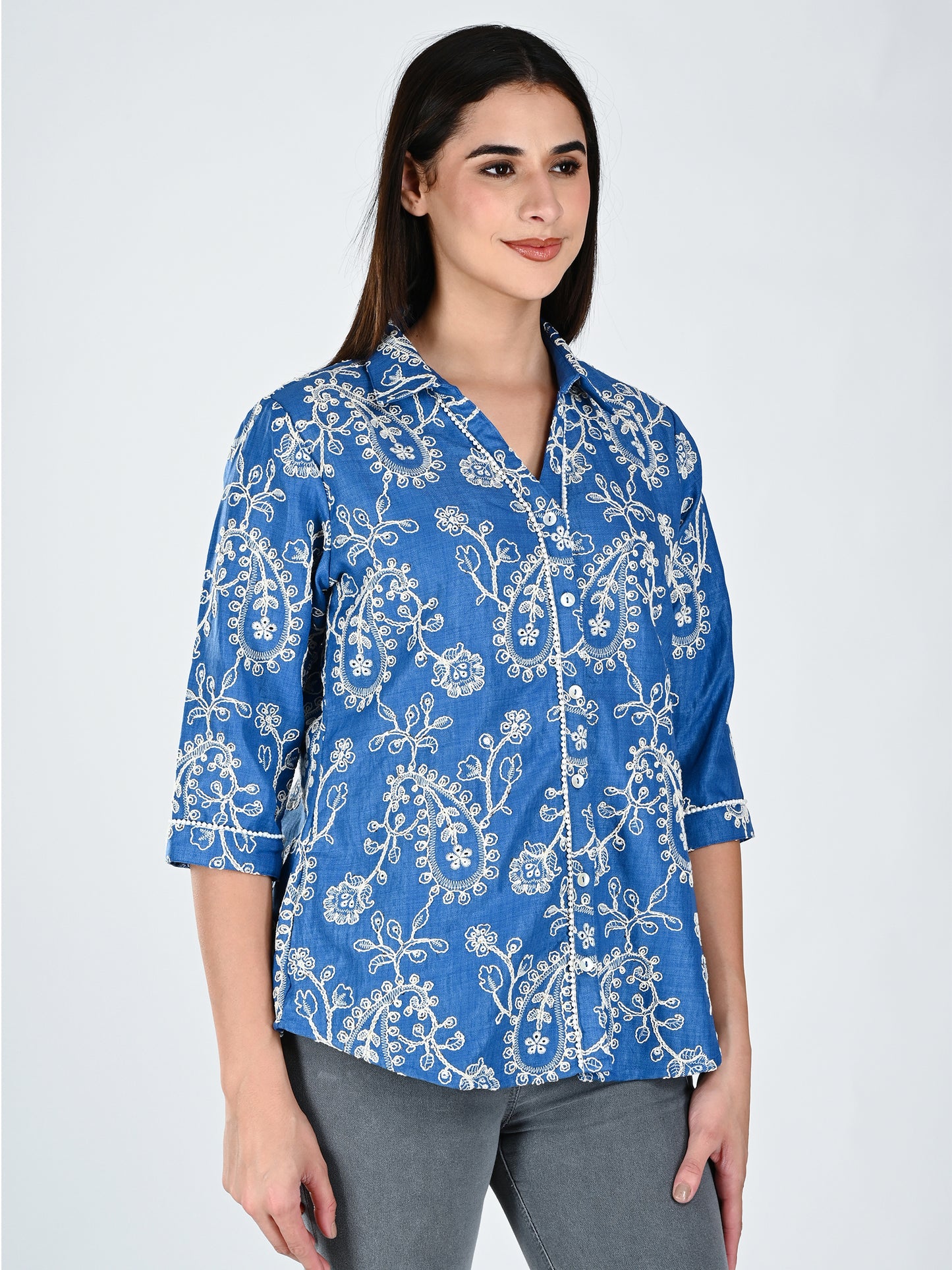 Albion Women Indigo Bloom Embroidered Shirt