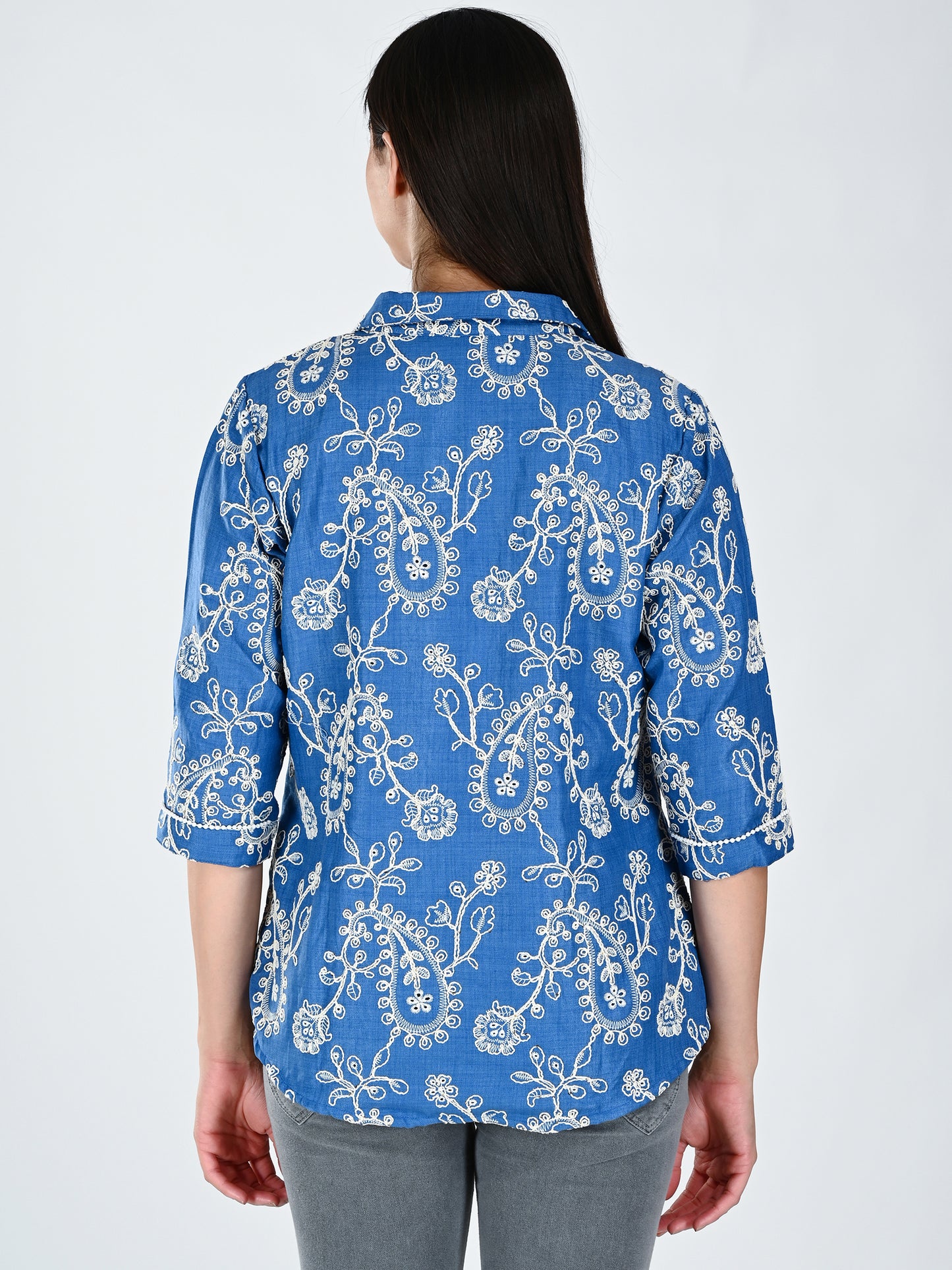 Albion Women Indigo Bloom Embroidered Shirt