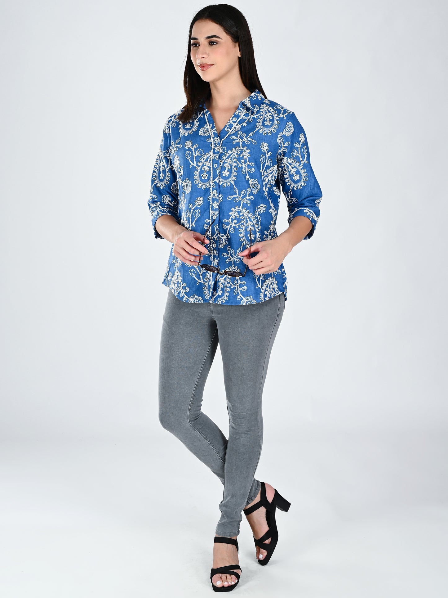 Albion Women Indigo Bloom Embroidered Shirt