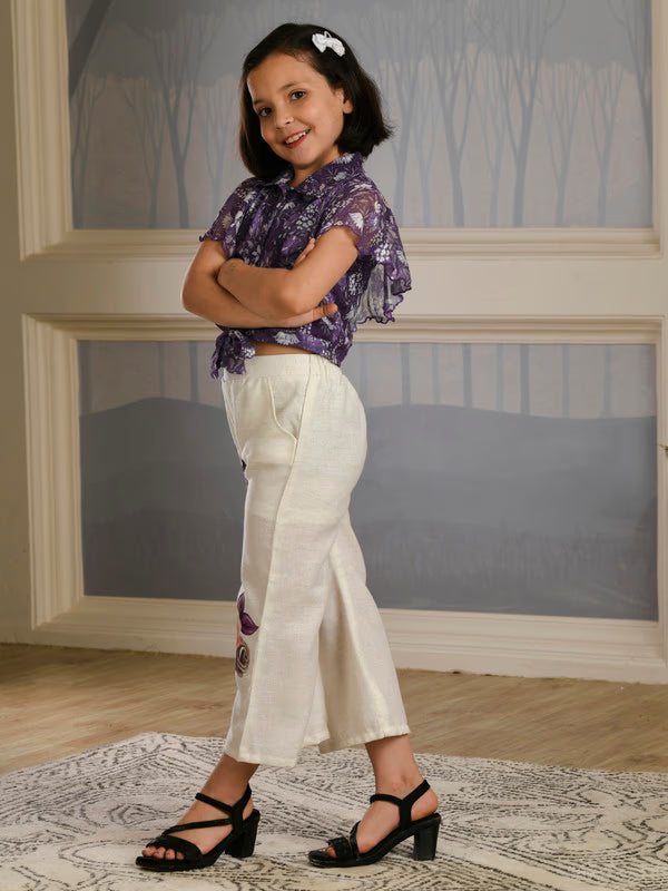 Albion Girls Purple Floral Top & Embroidered Palazzo Set